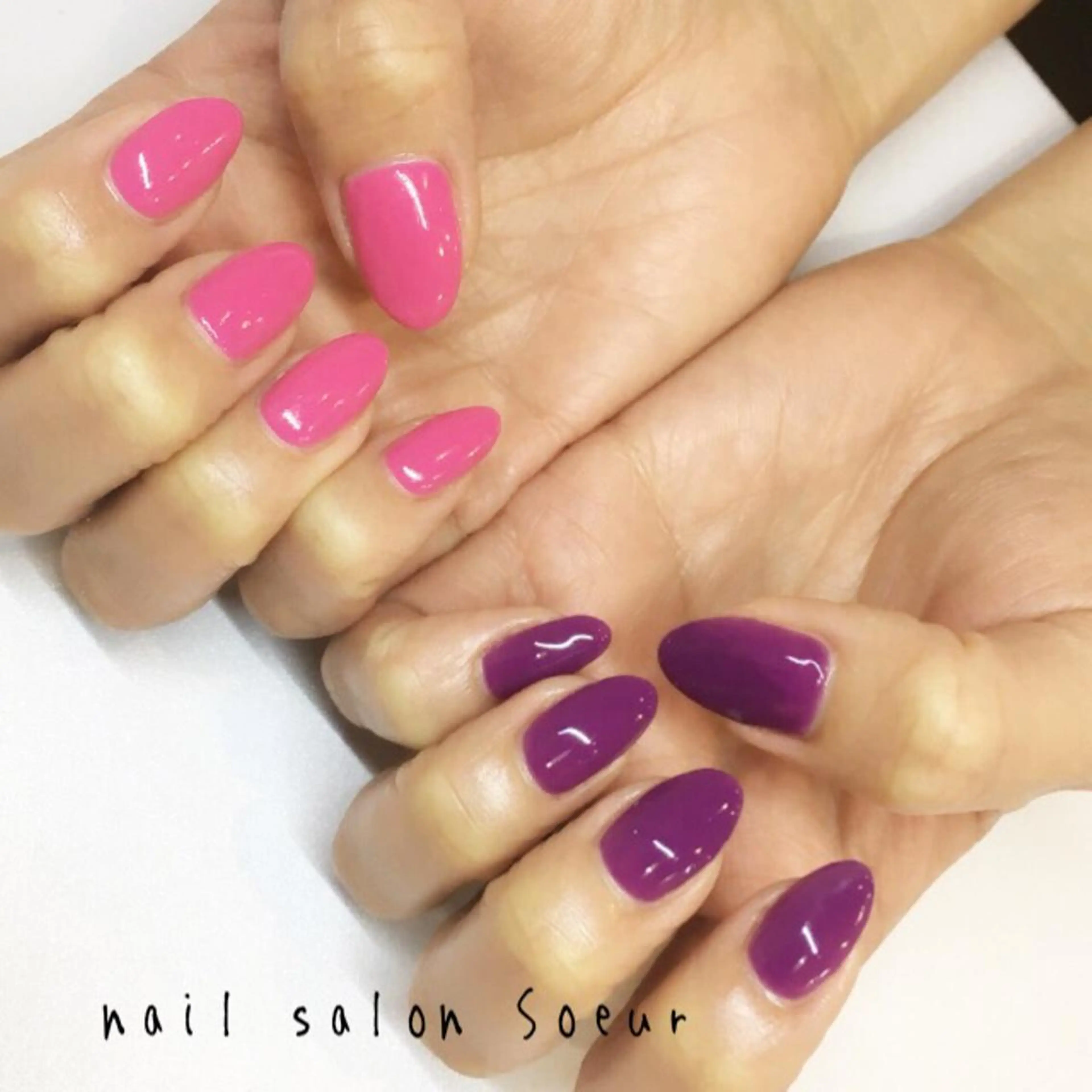 ネイル ワンカラーネイル ピンク パープル 春ネイル ストーンネイル nail salon Soeurのネイルデザイン