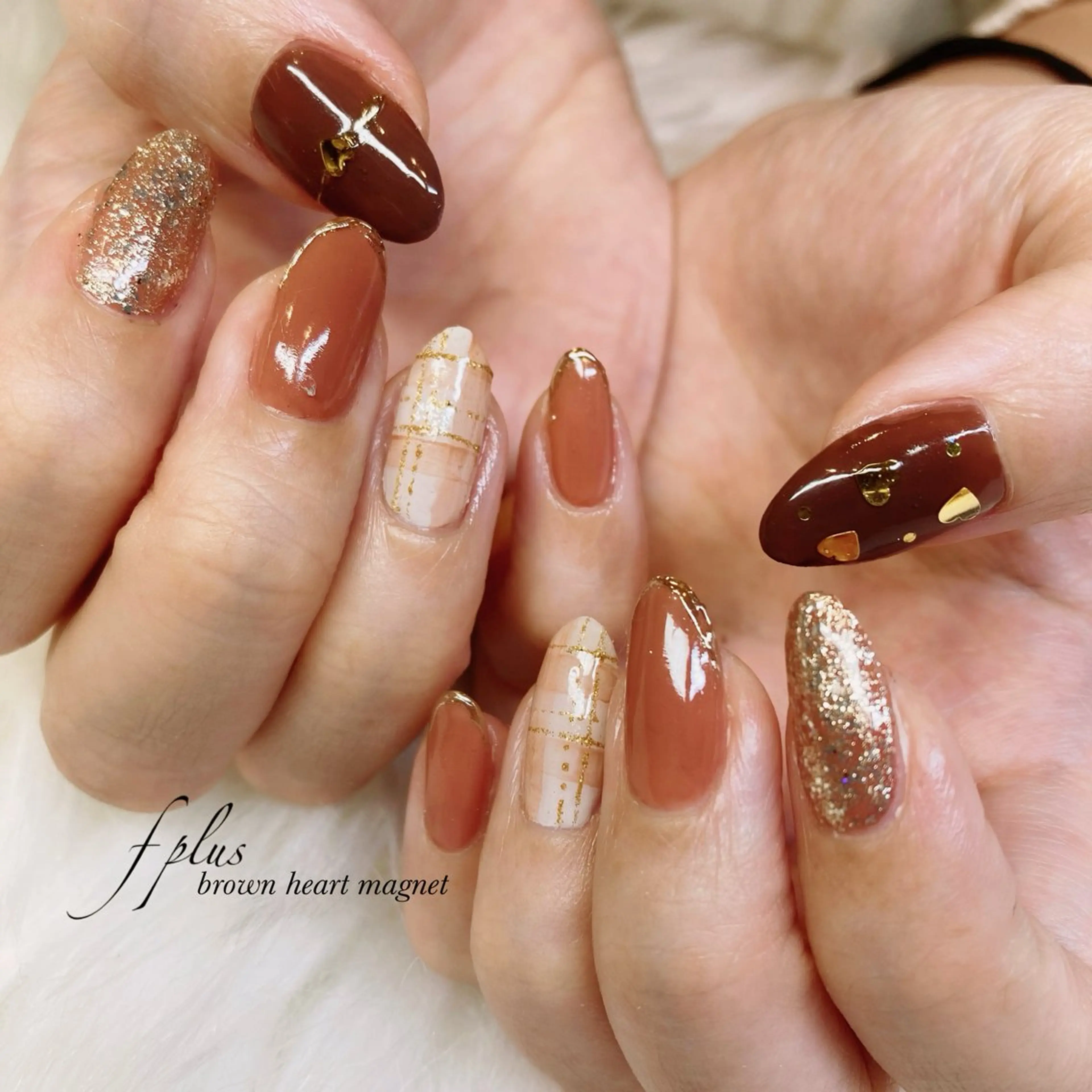 ネイル ブラウン ガーリー ハート ラメ(グリッター) ミラーネイル ハンドネイル kanako nail🌷のネイルデザイン