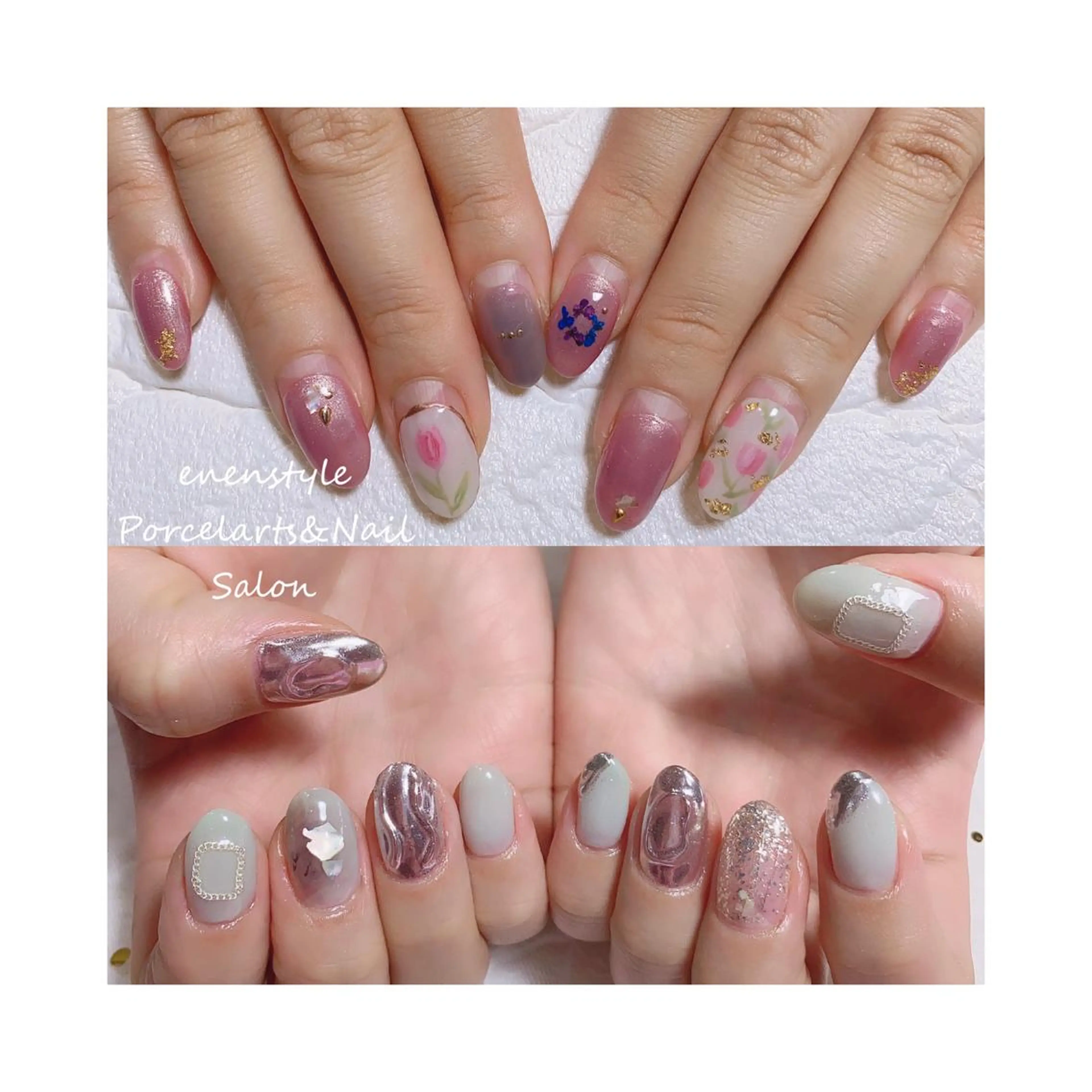 ショート ネイル アートネイル ジェルネイル グリーン ミラーネイル 持ち込み ハンドネイル 👑enen style👑のネイルデザイン