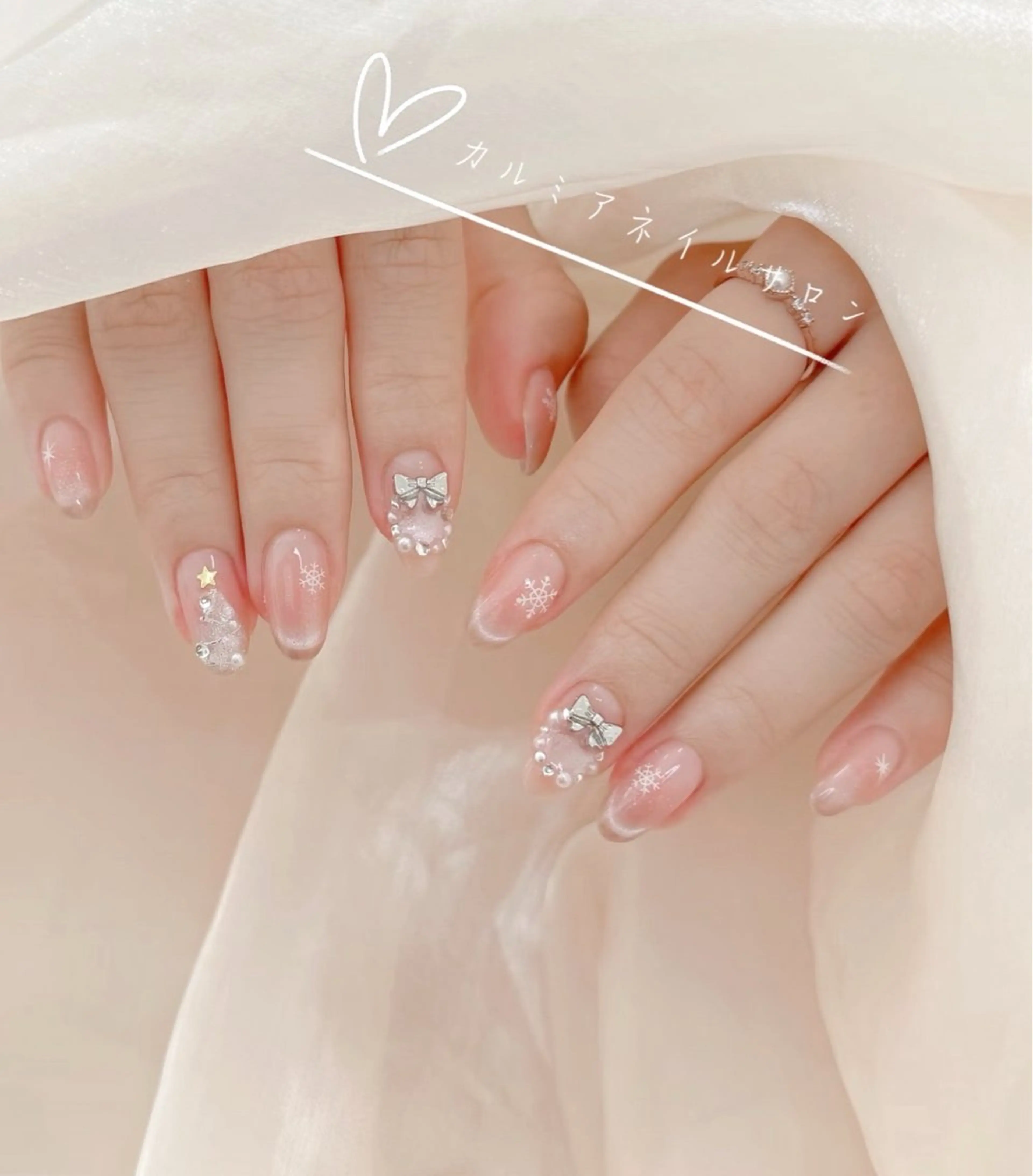 ネイル ガーリー グラデーション ピンク リボン ストーンネイル ラベンダー💖日暮里 ルル💖ネイルのネイルデザイン