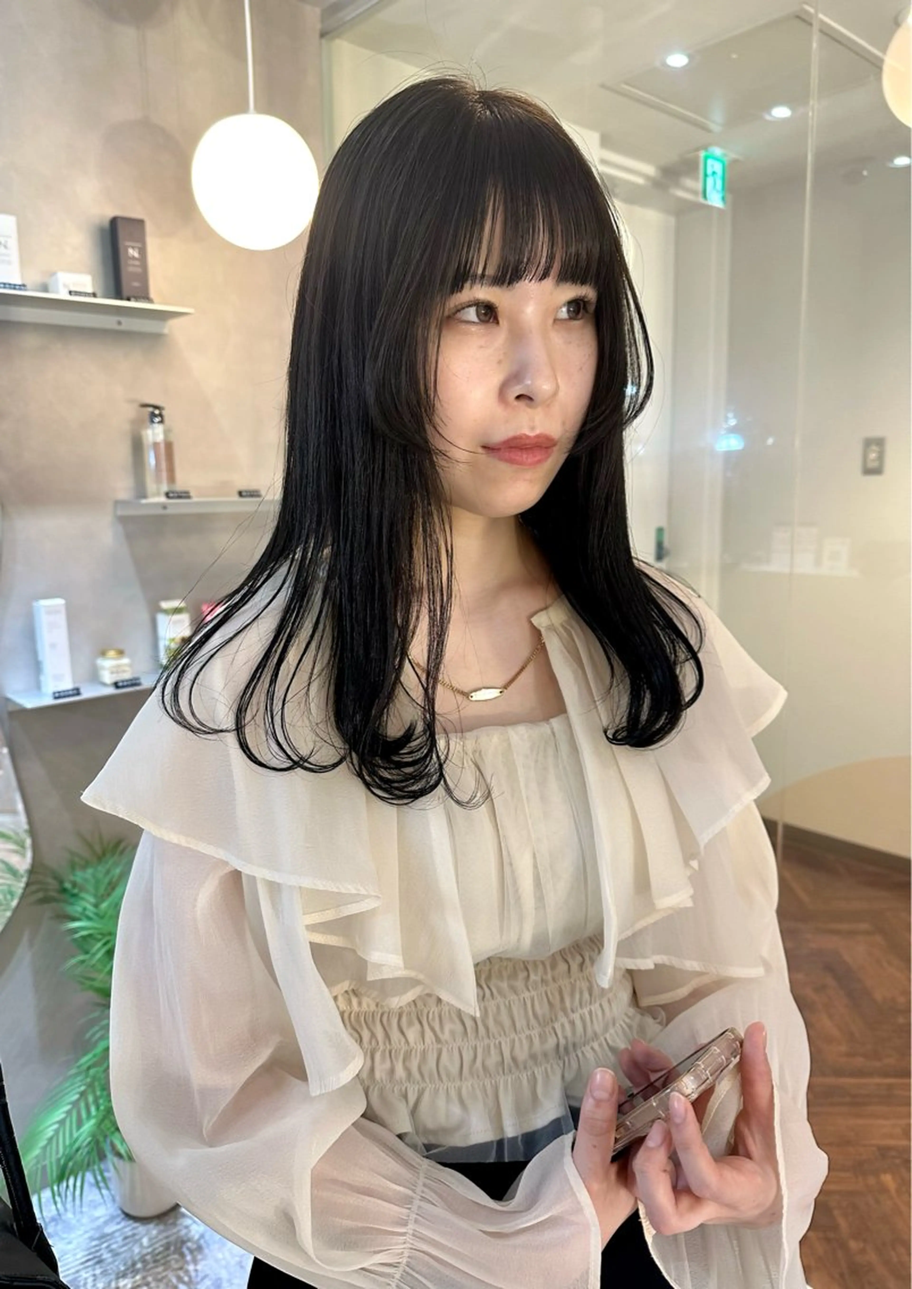 セミロング カラー 黒髪 グレーブラック 顔まわりレイヤー 顔周りカット レイヤーカット カット ヘアカラー レイヤー/ボブ/ 顔周り/yukinaのヘアスタイル