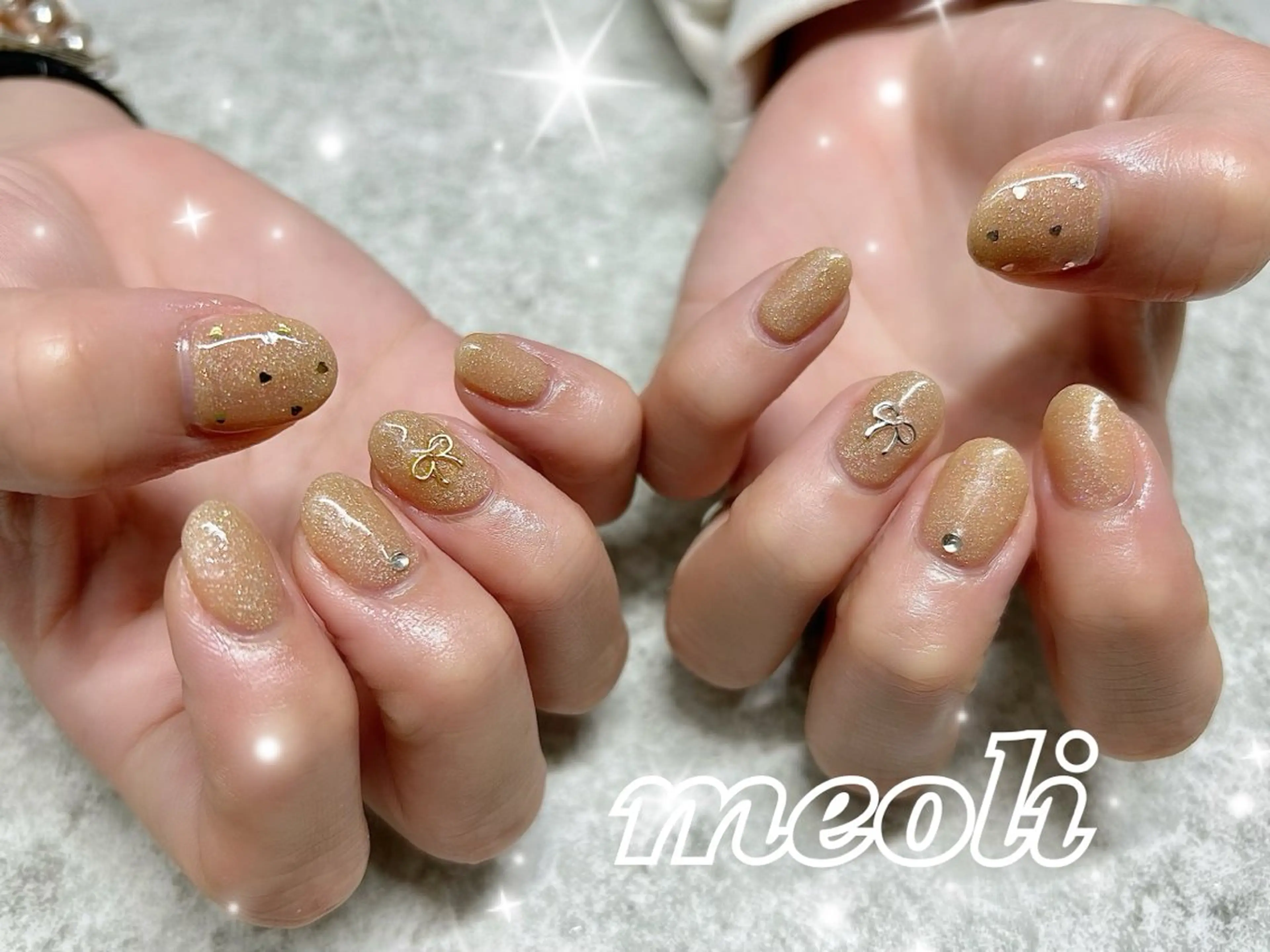 ネイル ハート ラメ(グリッター) ワンカラーネイル リボン ストーンネイル ハンドネイル nail salon meoli　アヤのネイルデザイン