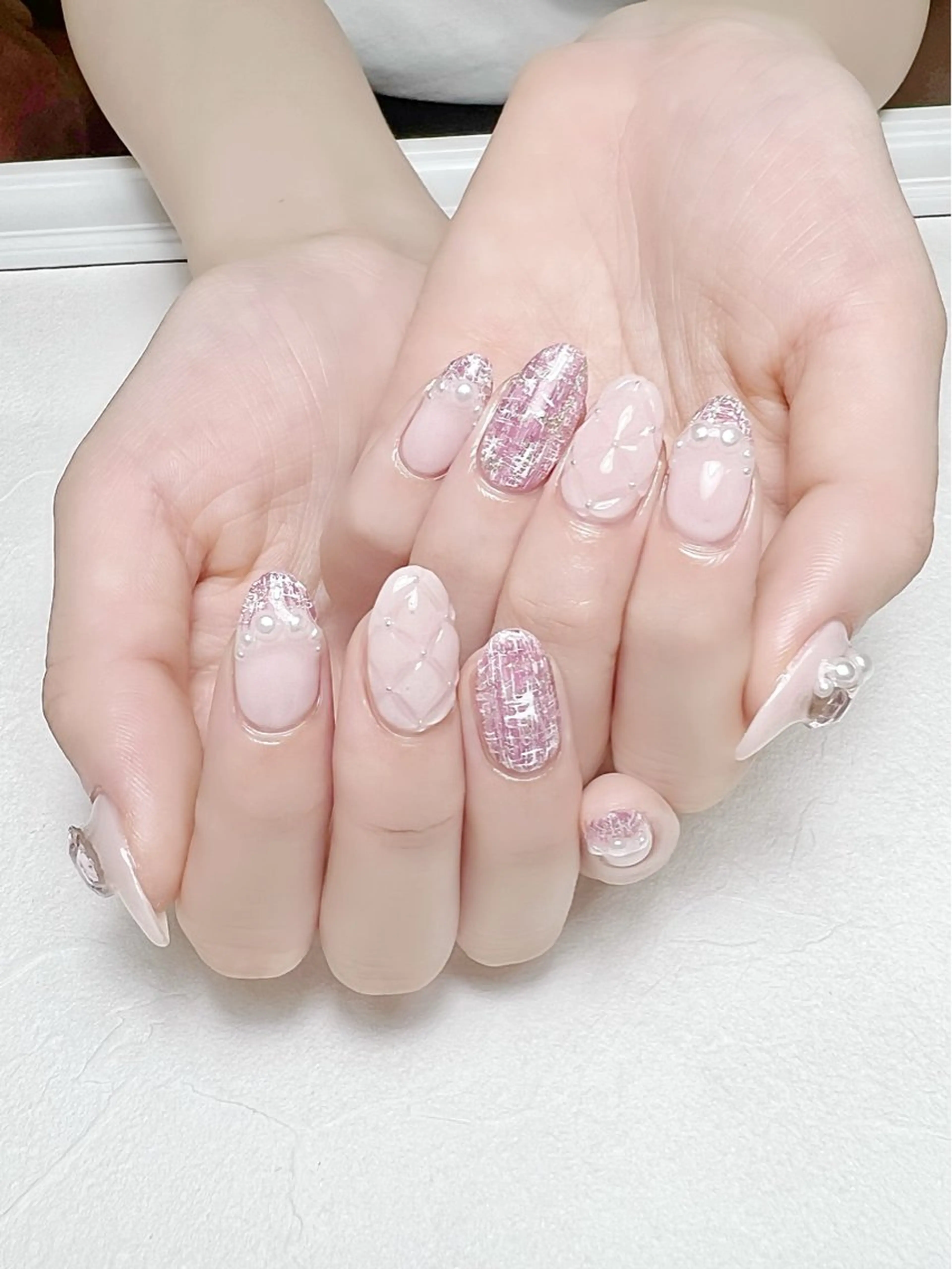 ネイル ガーリー キラキラネイル 韓国ネイル ピンク ツイードネイル rouse nail RISATOのネイルデザイン