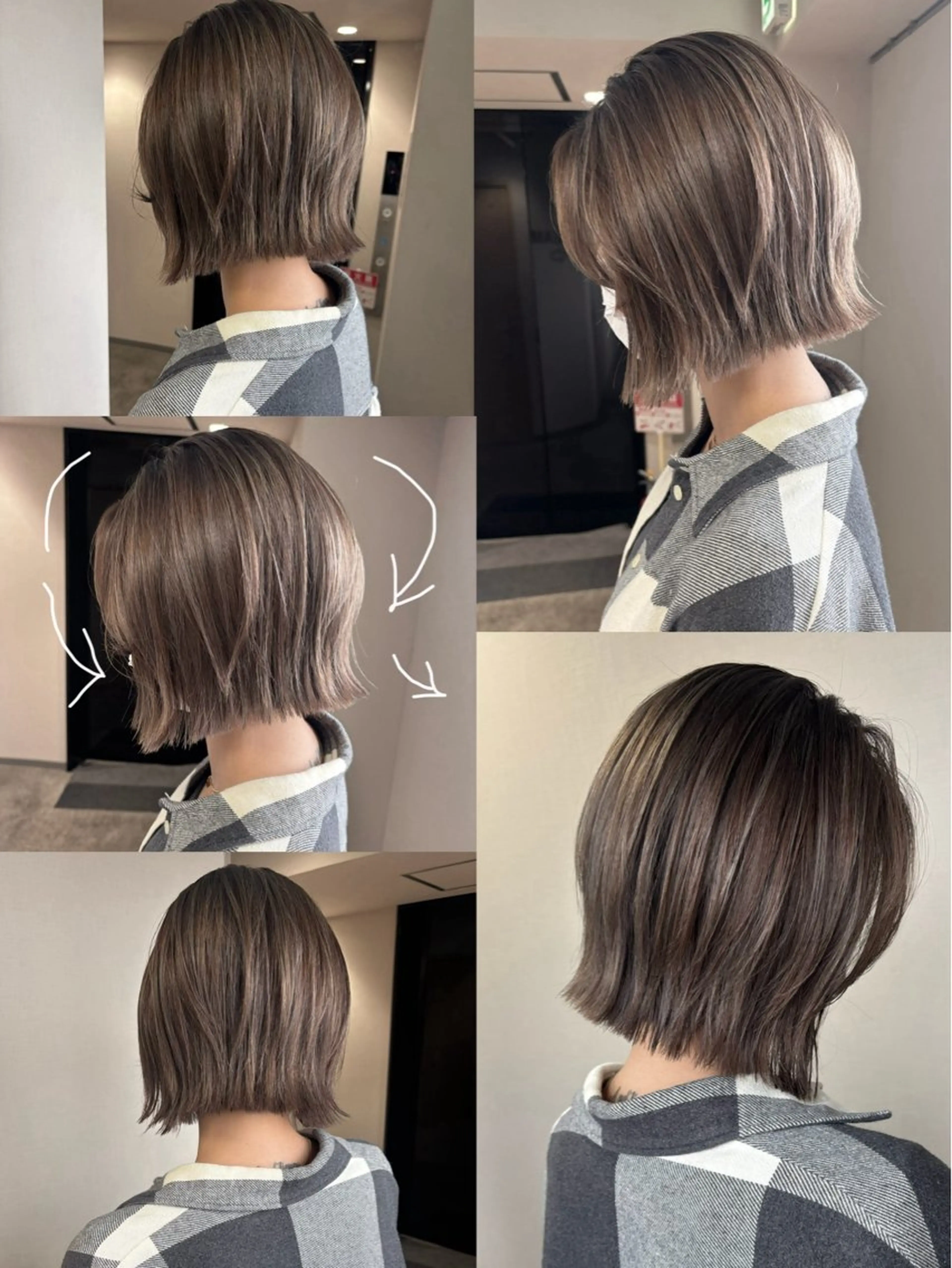 ショート カラー ボブレイヤー グレージュ ハイライトカラー ボブ くびれヘア 松井那津子 /ハイライトブリーチのヘアスタイル