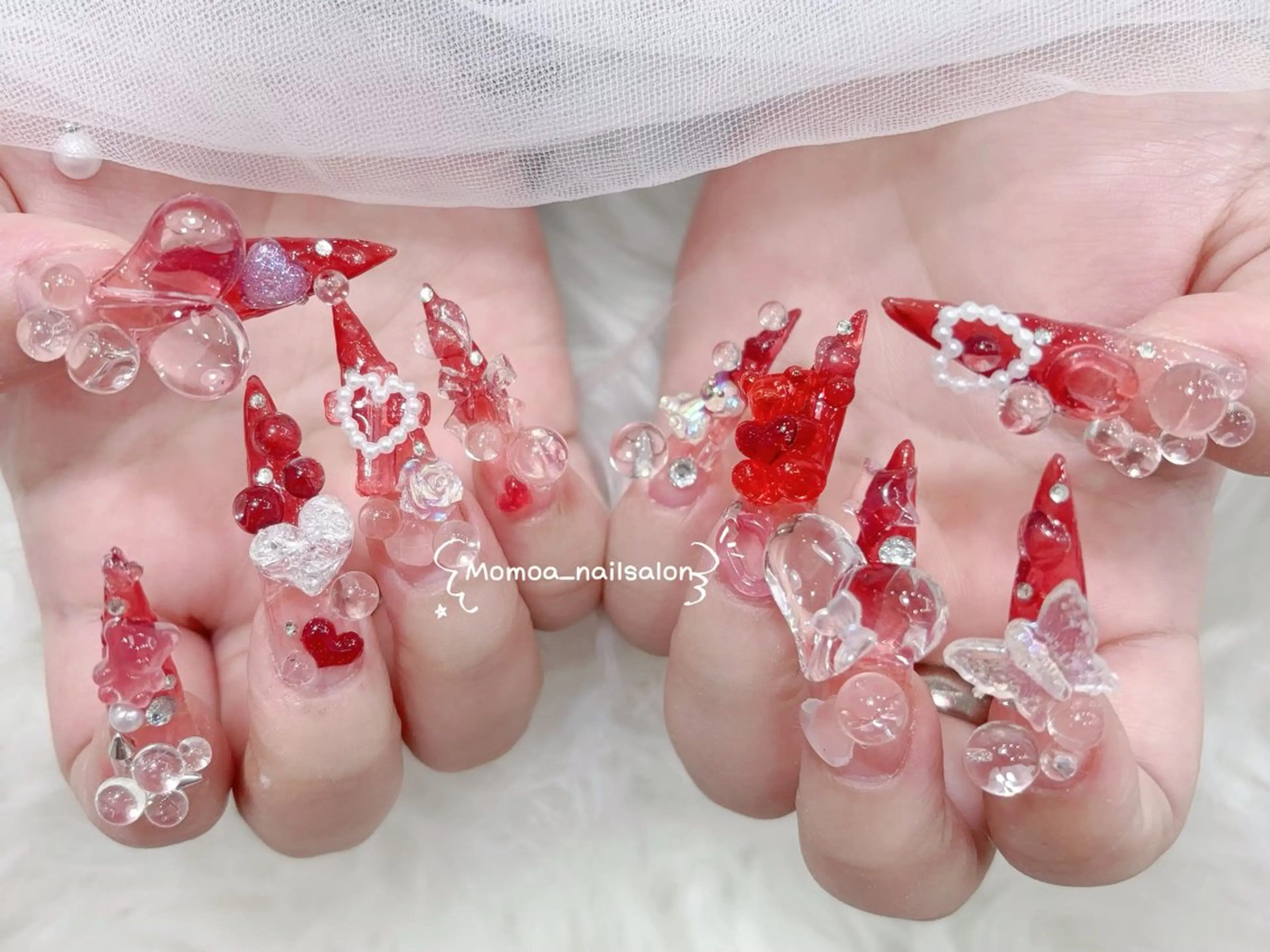 ネイル 成人式 大理石ネイル(マーブル) リボン 夏ネイル ネイルチップ ハンドネイル MoMoA Nail ネイル長さ出し専門店のネイルデザイン