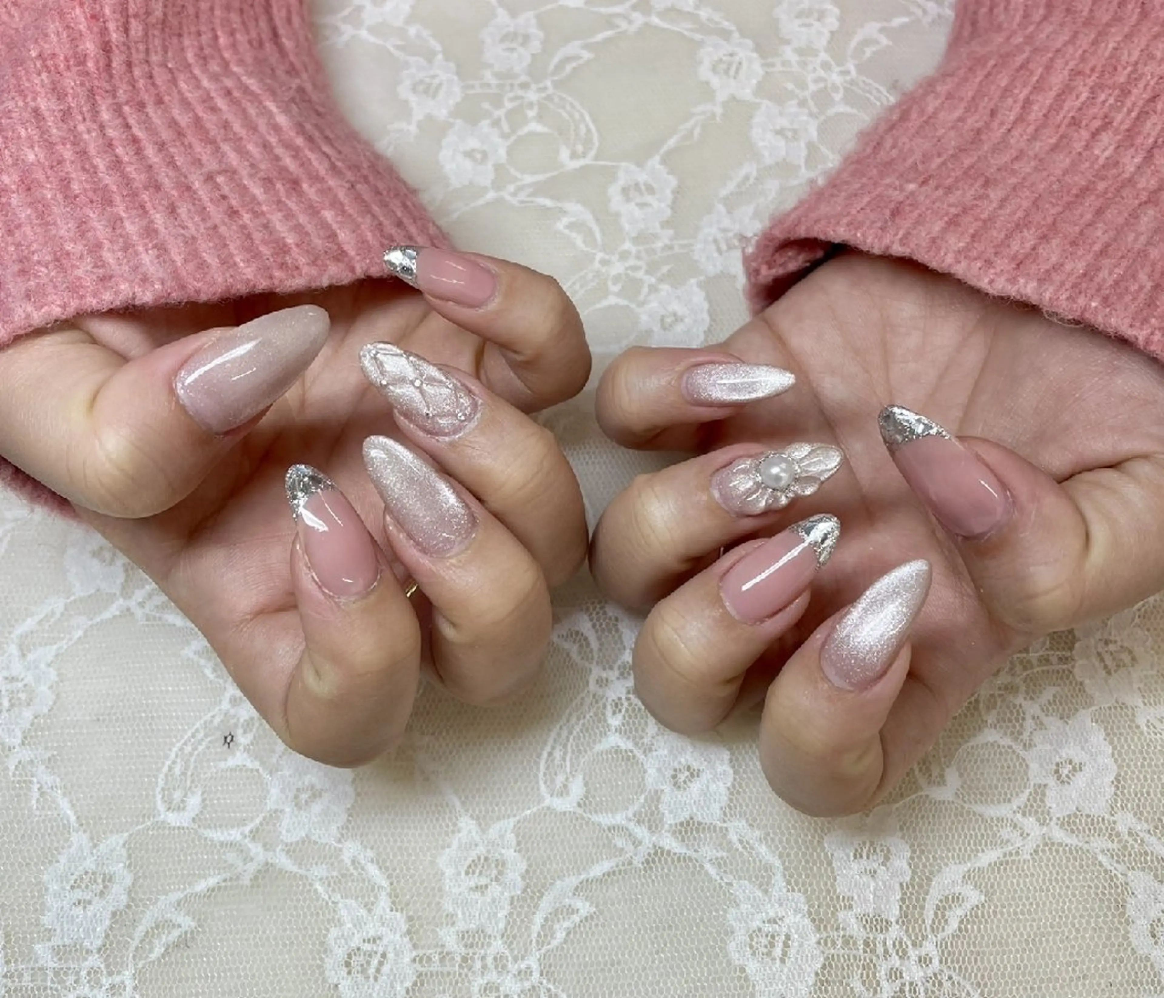 ネイル アートネイル フレンチネイル ガラスフレンチ マグネットネイル ピンク ハンドネイル ハンドケア 心斎橋Salon Epokkuのネイルデザイン