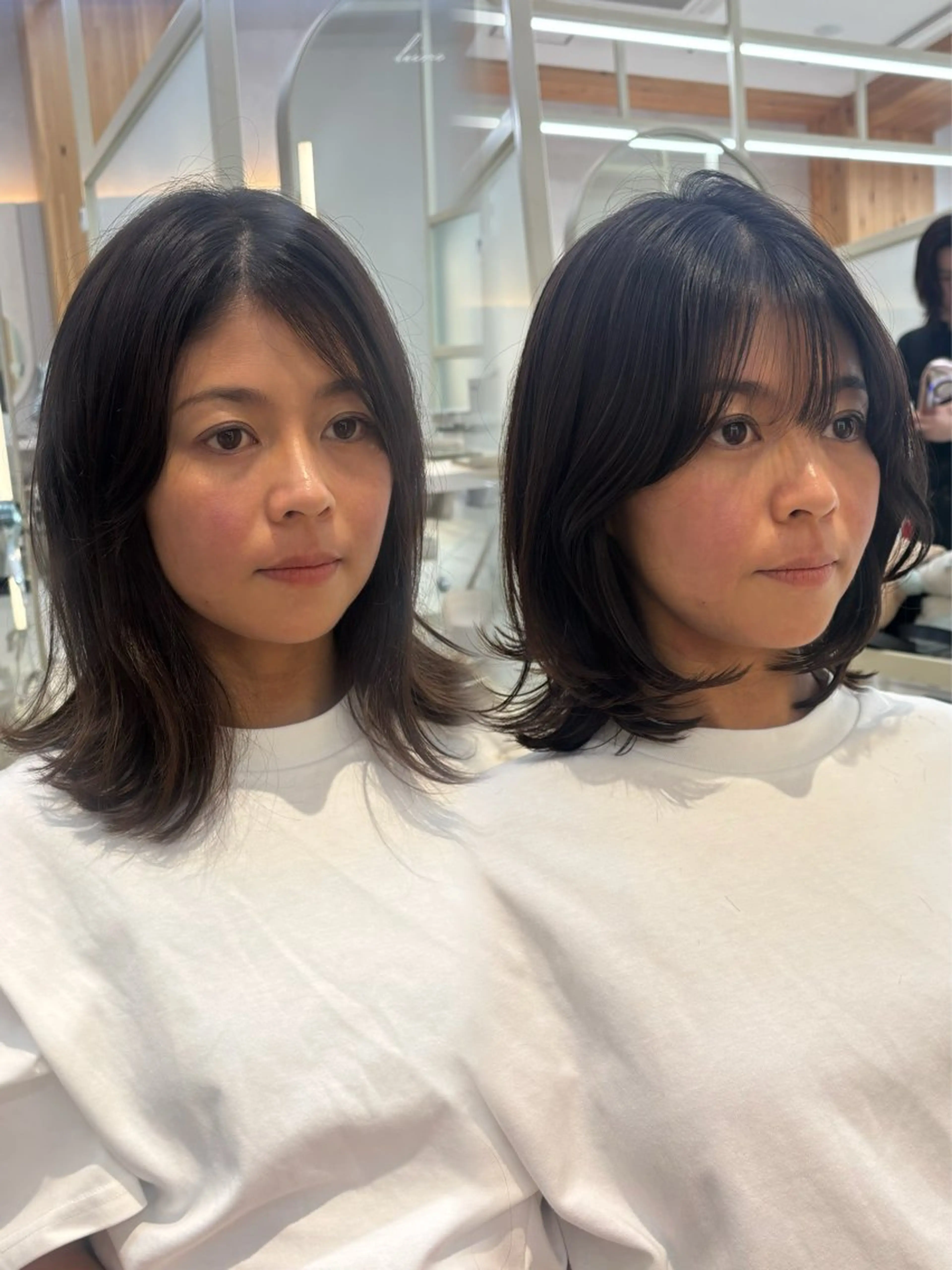 ミディアム かなこ／重めレイヤー ／透明感カラーのヘアスタイル