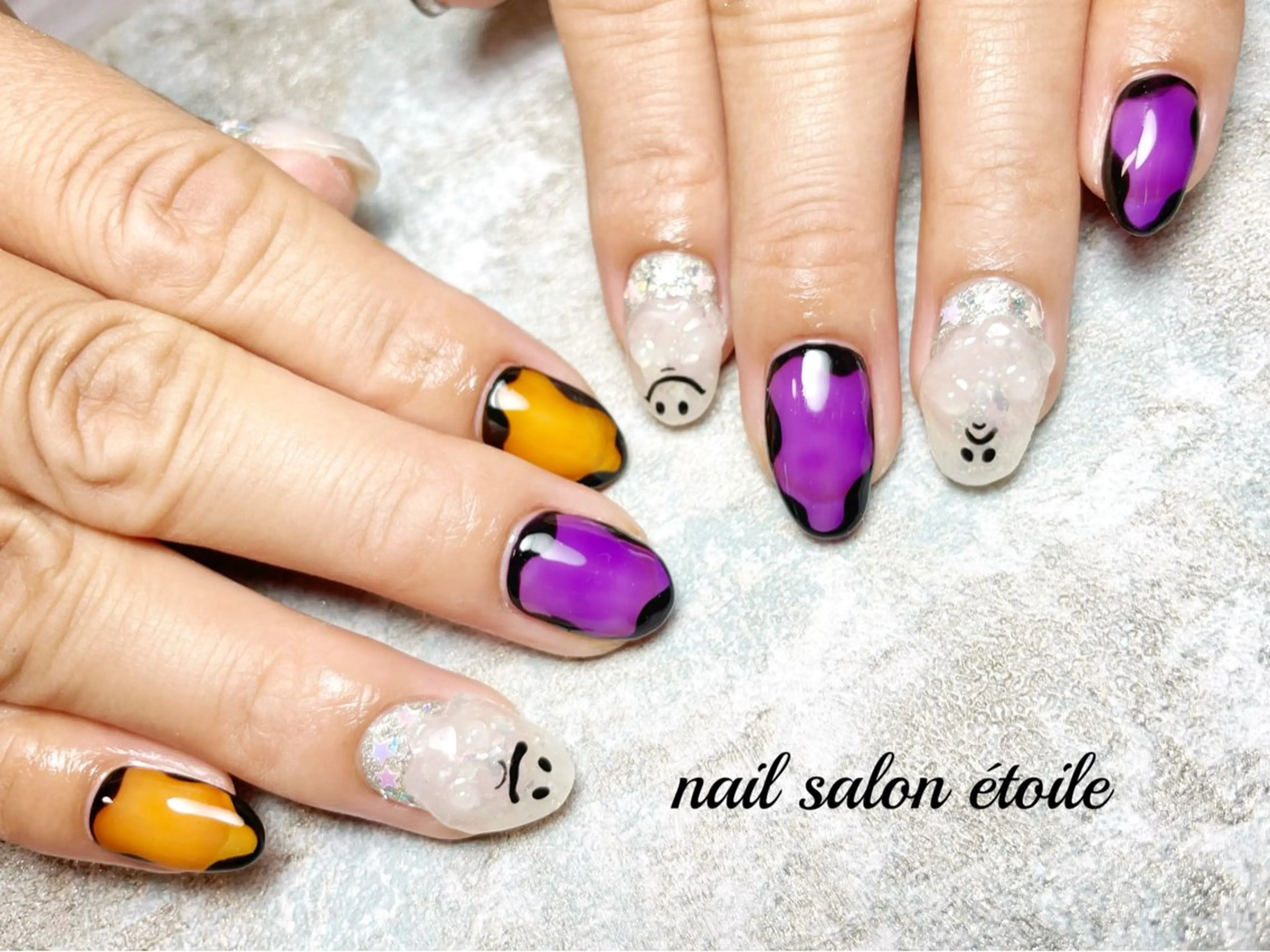 ネイル ハロウィン オレンジ ぷっくりネイル パープル ハンドネイル nail salon étoileのネイルデザイン