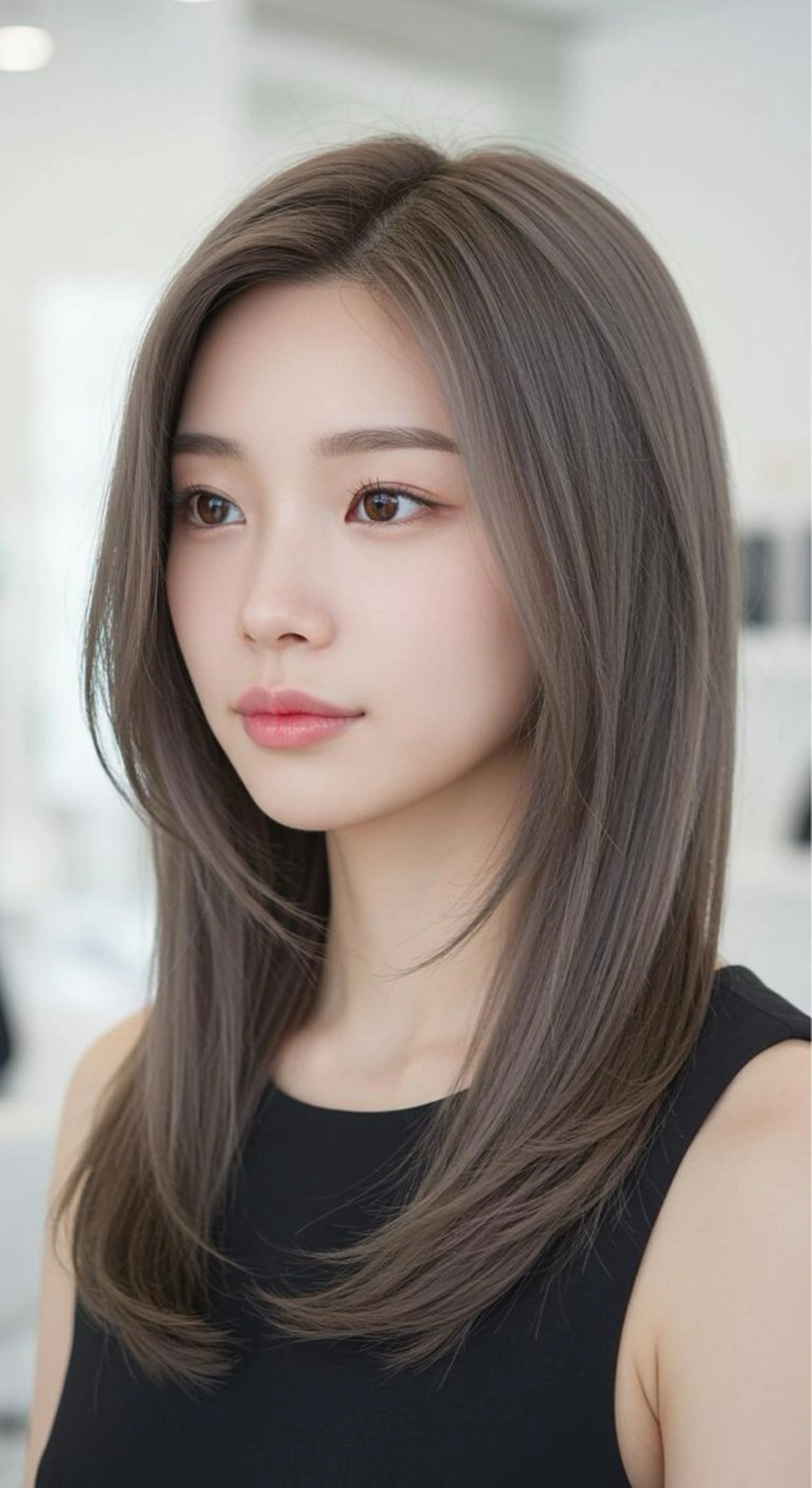 ミディアム カラー アッシュ 透明感カラー カット ヘアカラー 縮毛矯正 トリートメント さく/髪質改善× 縮毛矯正/町田のヘアスタイル