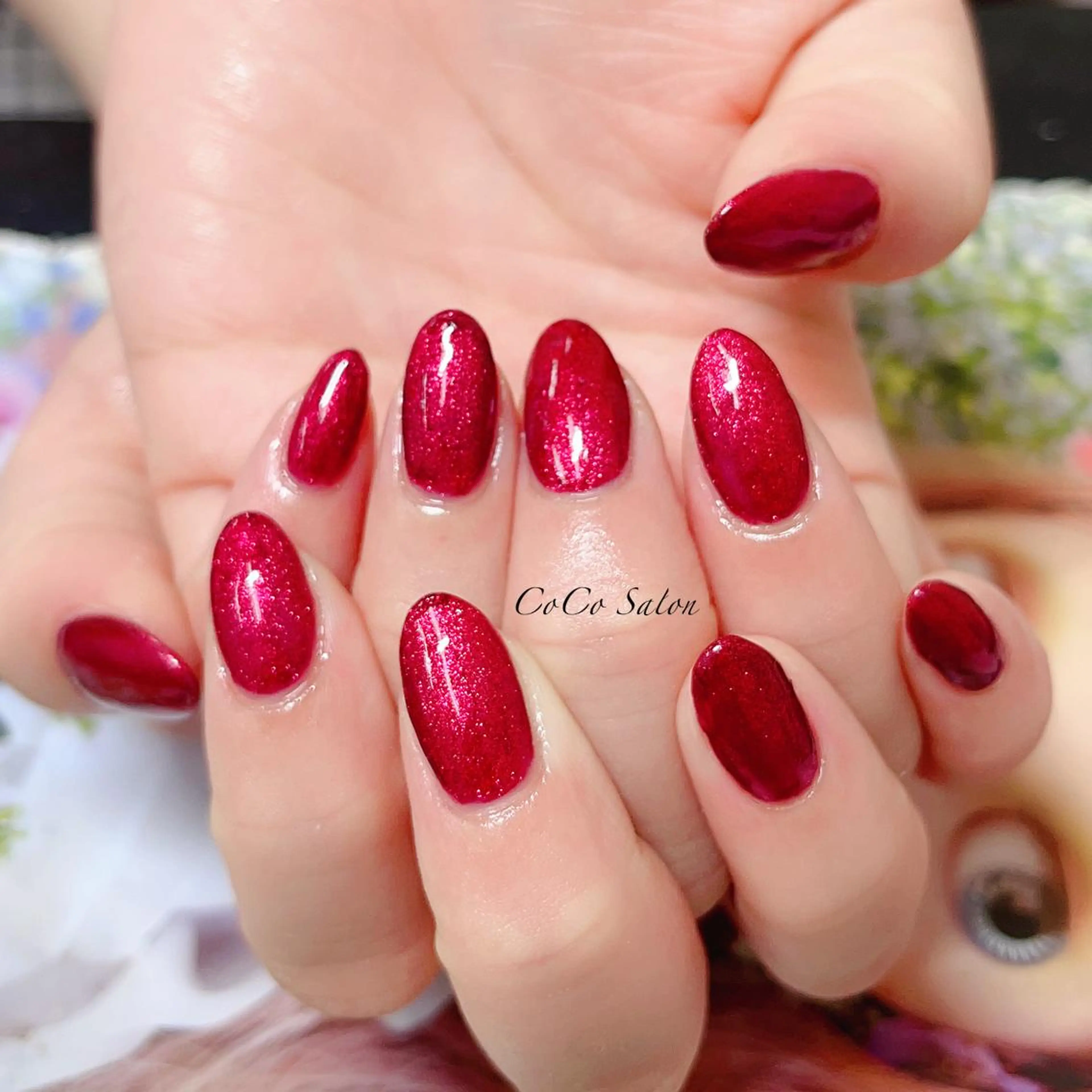 ネイル ボルドー 成人式 長さ出し ジェルネイル キラキラネイル ハンドネイル CoCoSalon ネイル/まつ毛予約のネイルデザイン