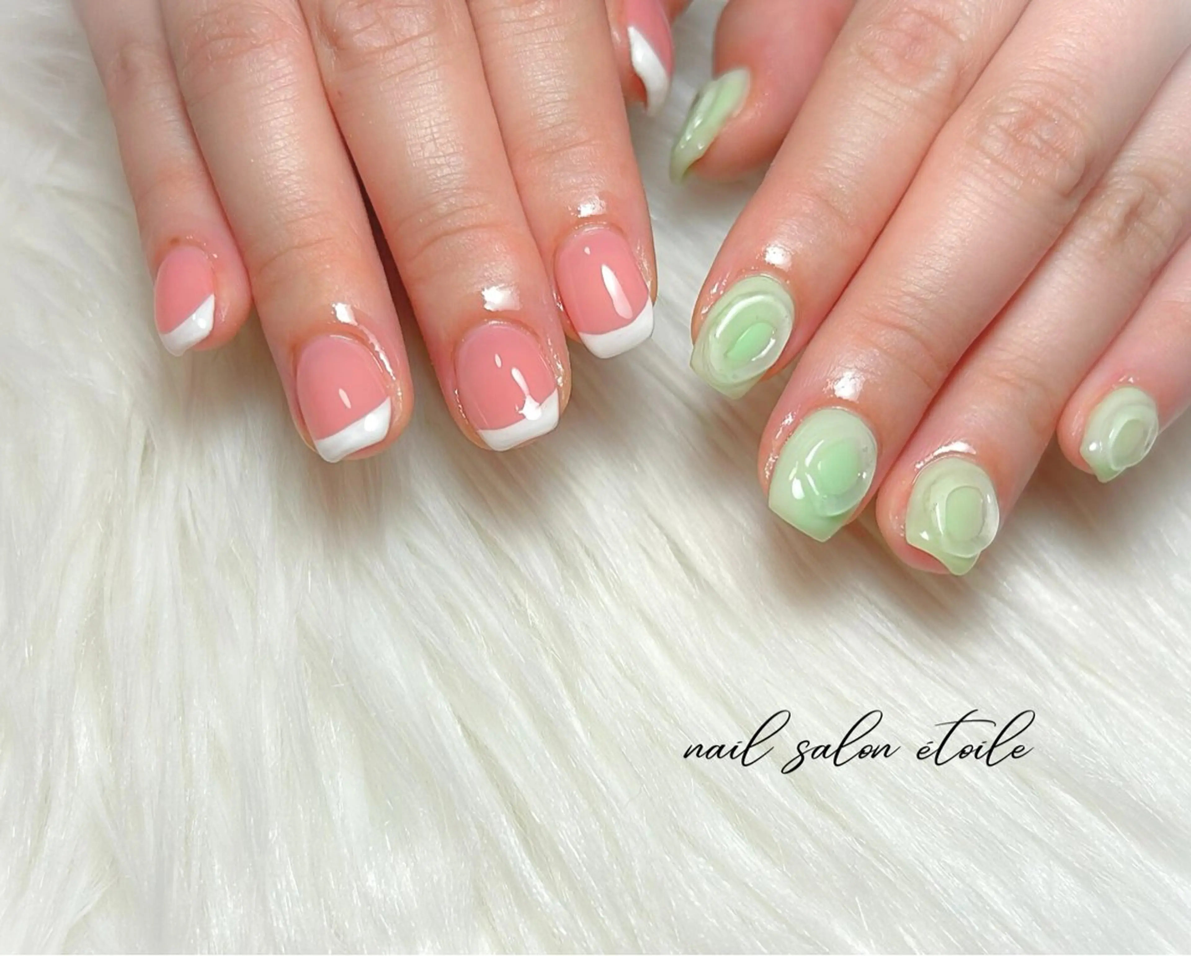 ネイル フレンチネイル グリーン ぷっくりネイル ハンドネイル nail salon étoileのネイルデザイン