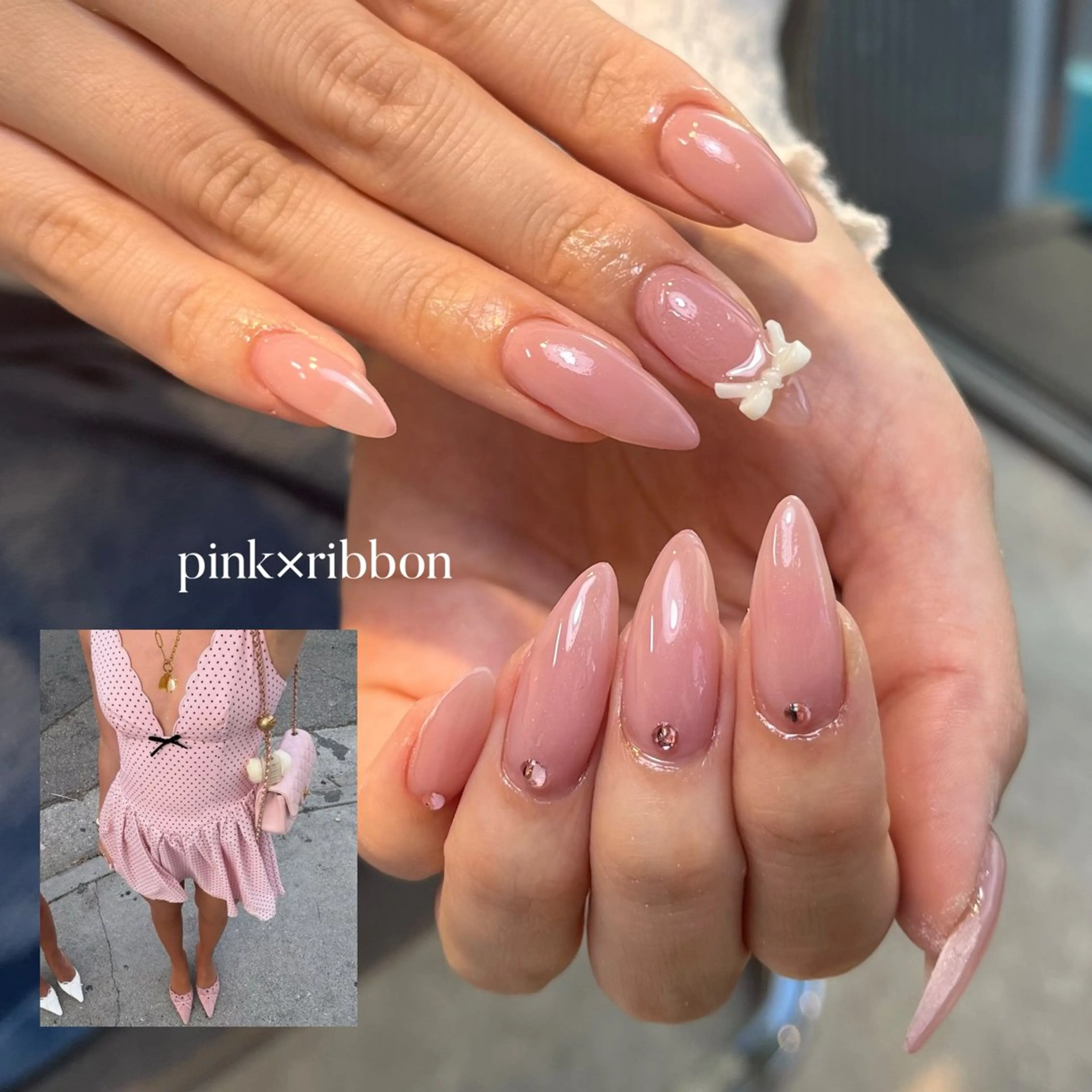 ネイル ピンク リボン ストーンネイル ハンドネイル Zen Neo / SEINA🎀のネイルデザイン