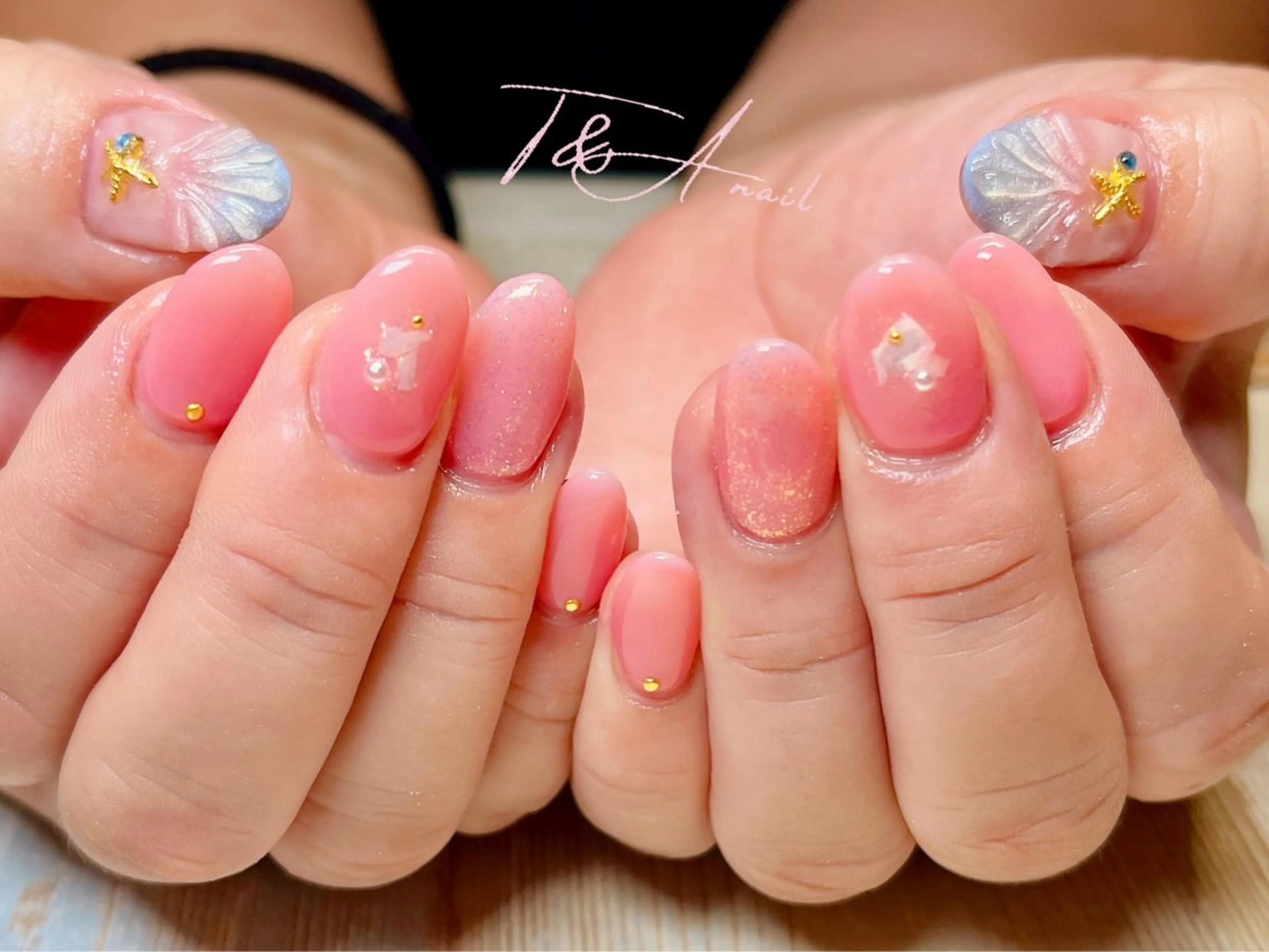 ネイル 長さ出し ジェルネイル ピンク スカルプネイル 夏ネイル ハンドネイル T&A nailのネイルデザイン