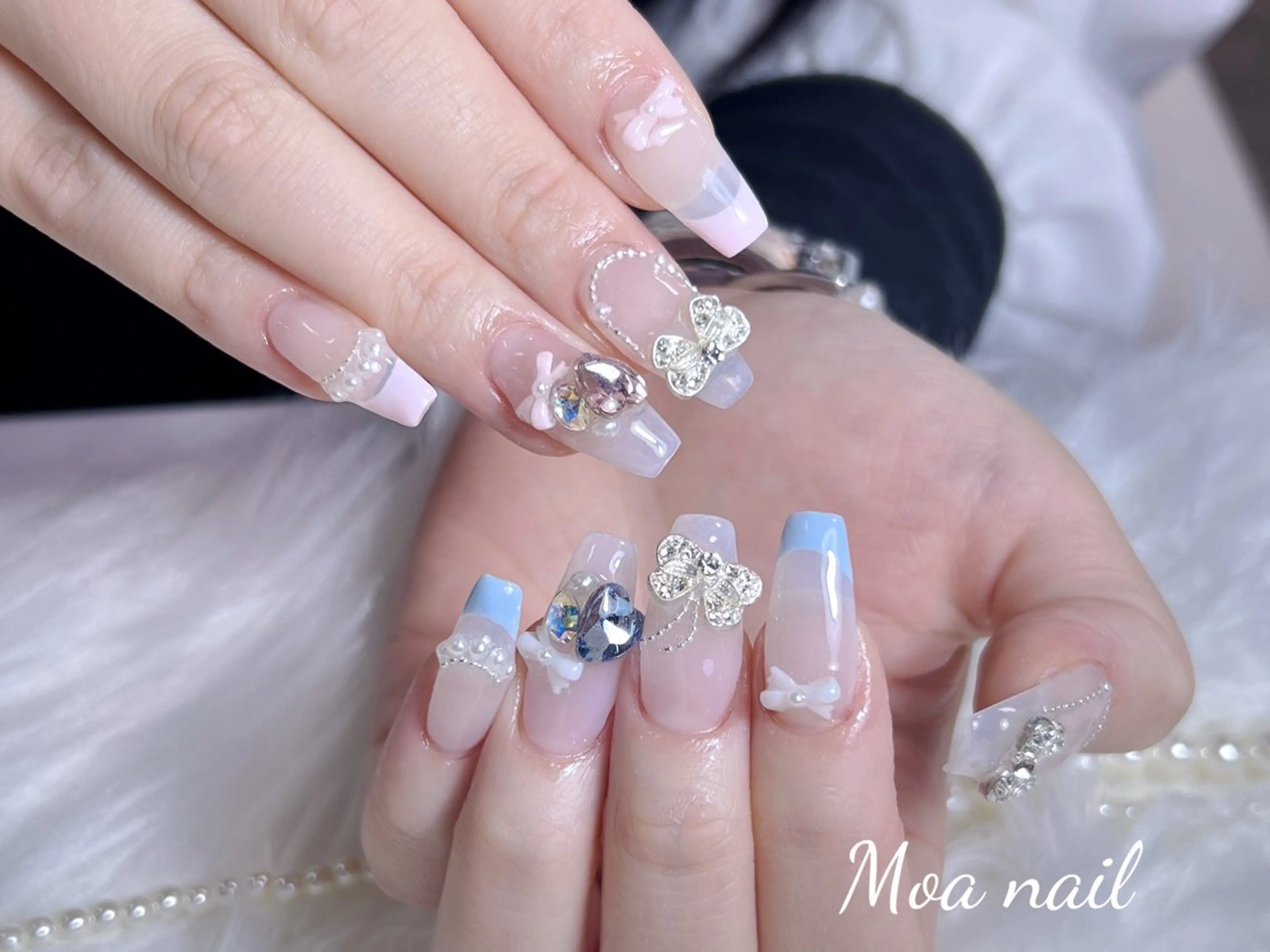ネイル 長さ出し フレンチネイル ガラスフレンチ ハート キラキラネイル ハンドネイル Moa nailのネイルデザイン