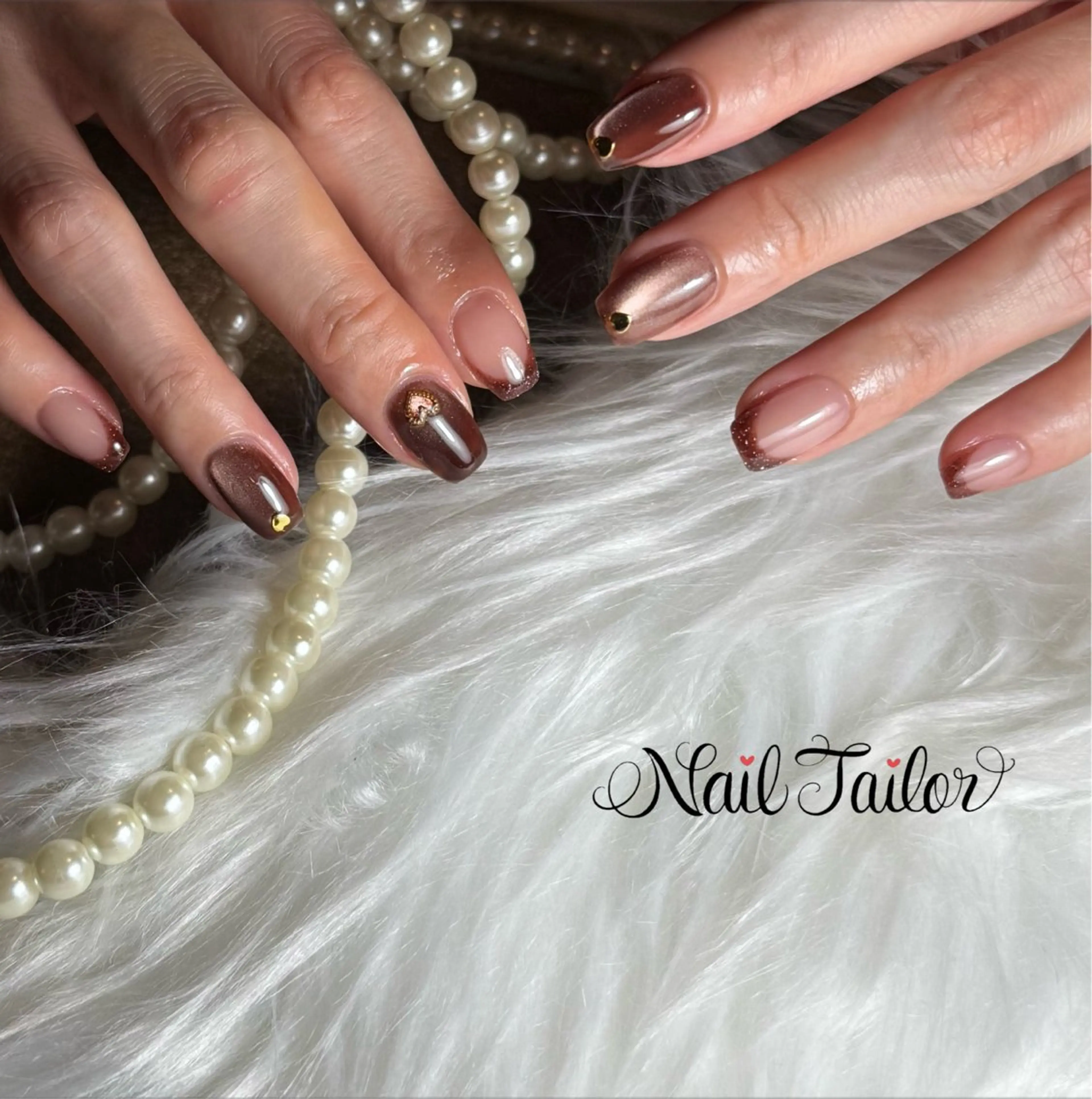 ネイル ブラウン フレンチネイル キラキラネイル マグネットネイル ワンカラーネイル ハンドネイル NailTailor ネイルテイラーのネイルデザイン