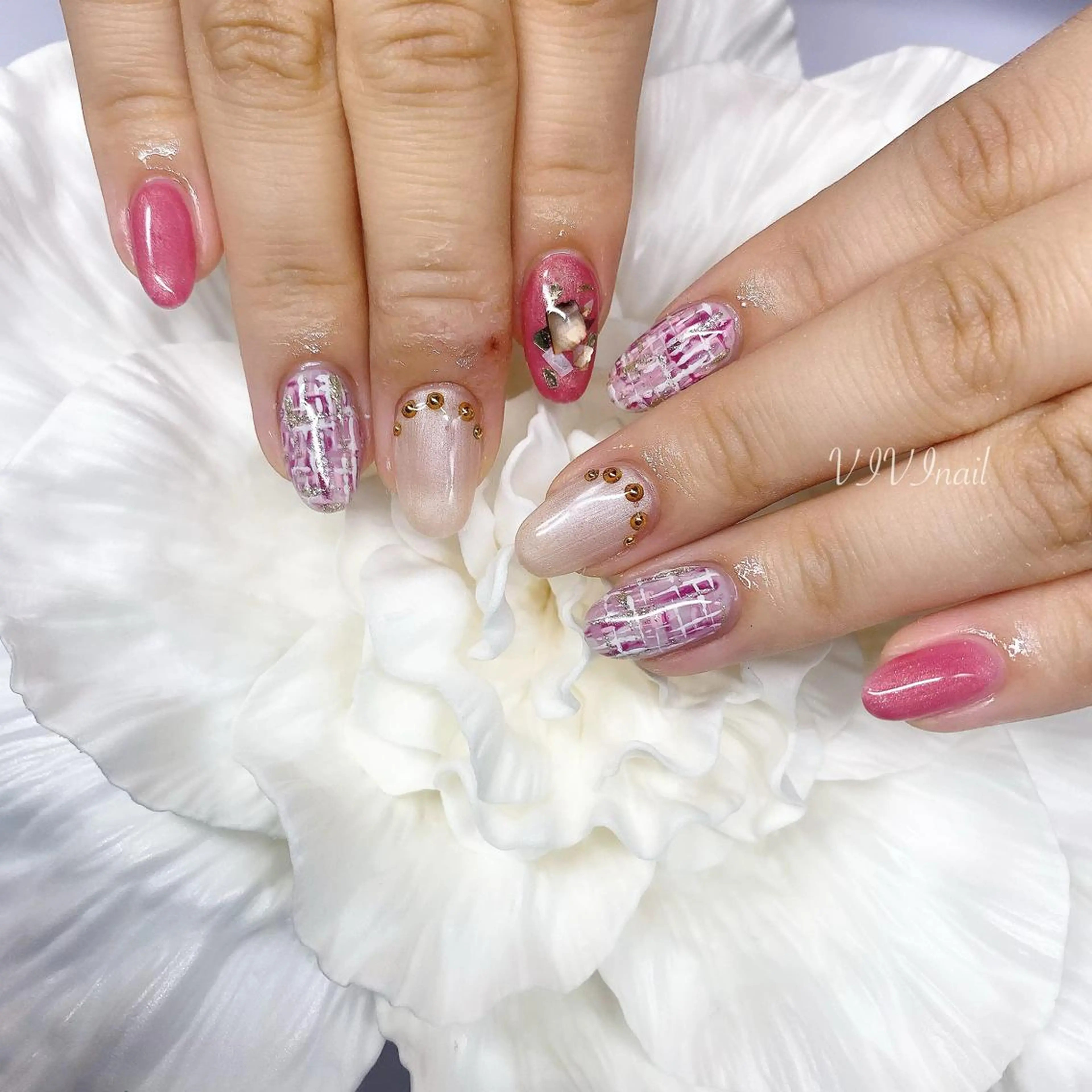 ネイル ピンク ツイードネイル ハンドネイル vivi nailのネイルデザイン