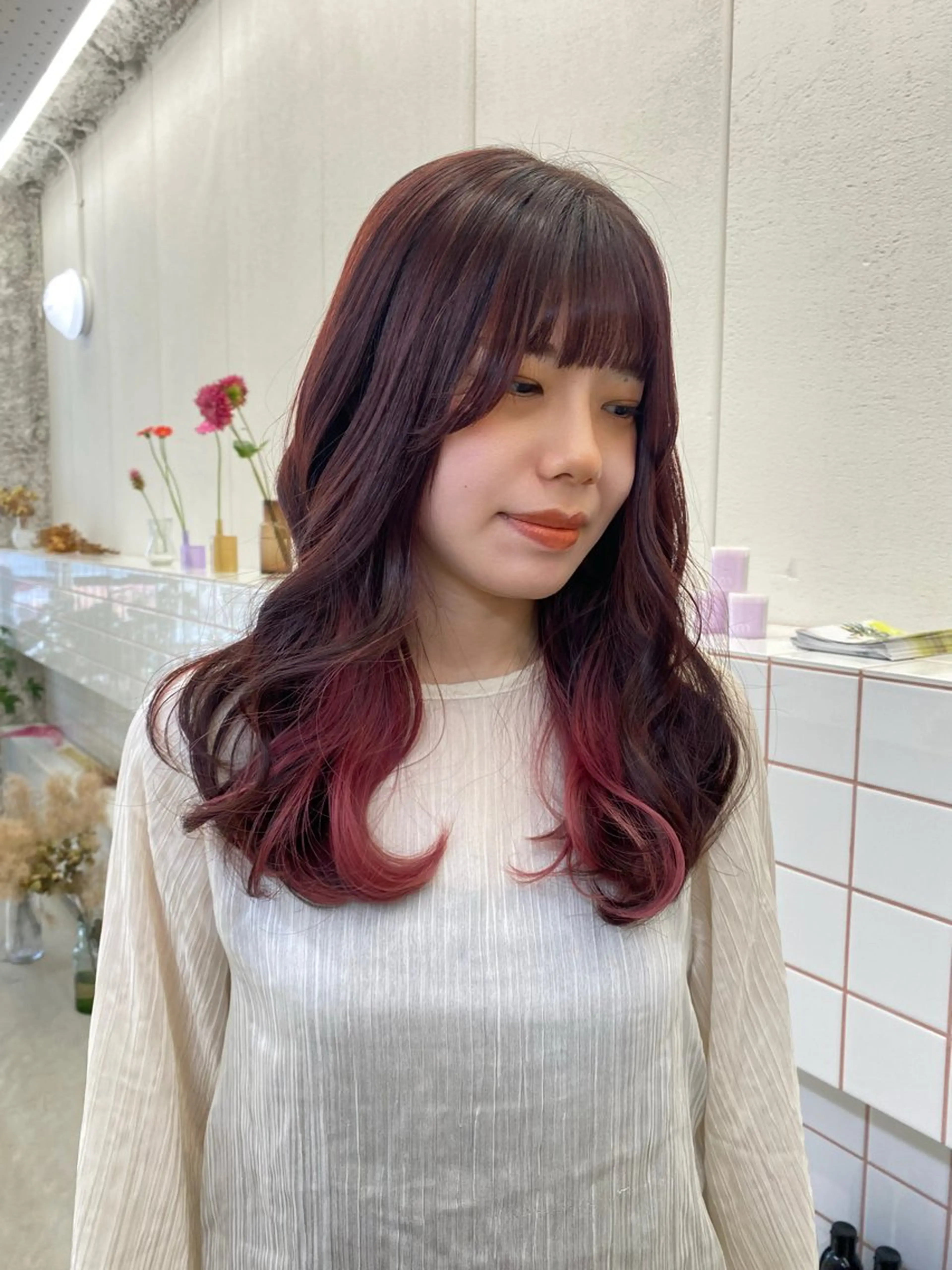 セミロング カラー ピンクカラー ヘアカラー トリートメント NIKO/名古屋/ 髪質改善/艶髪のヘアスタイル