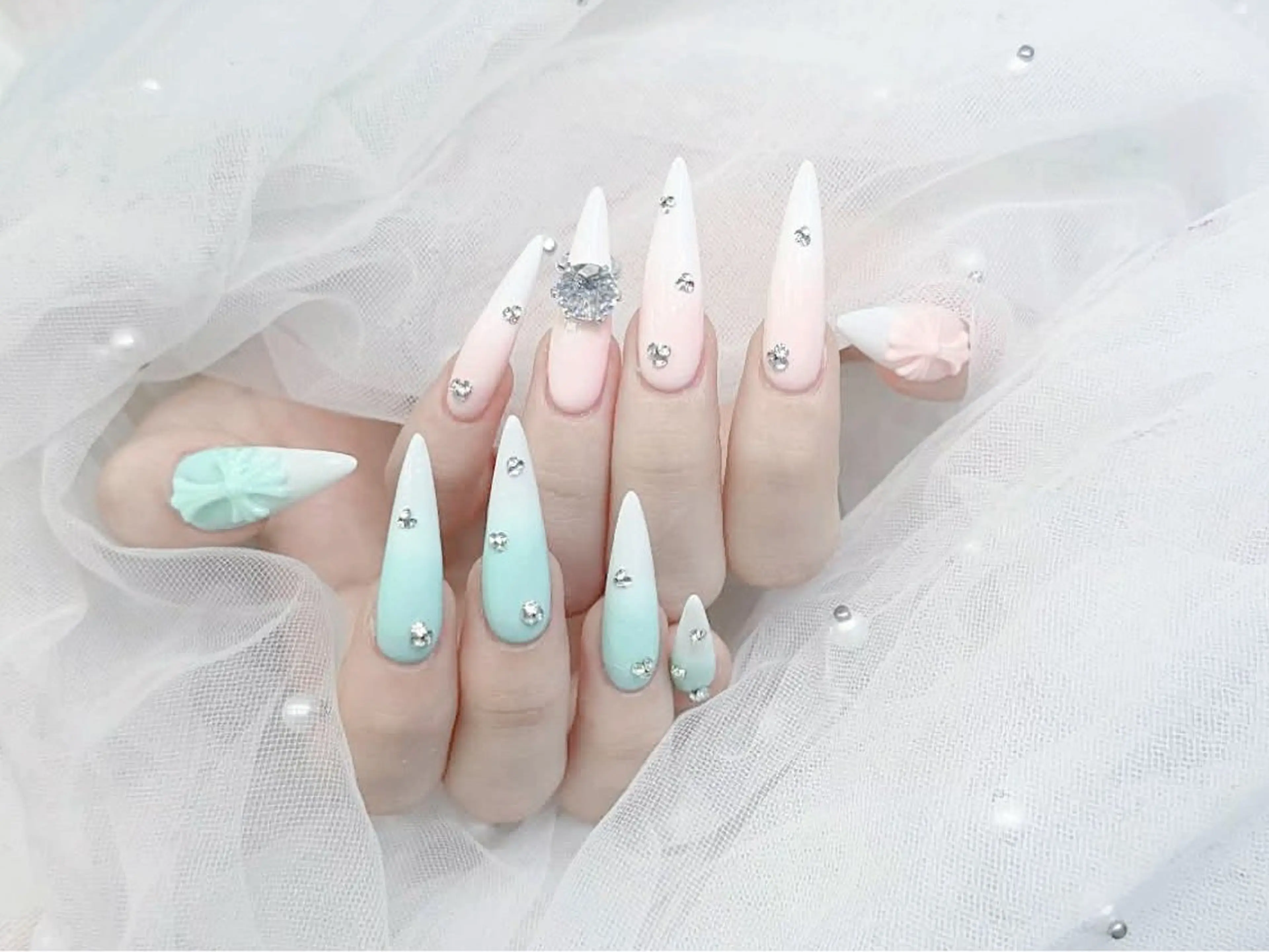 ネイル 成人式 大理石ネイル(マーブル) リボン 夏ネイル ネイルチップ ハンドネイル MoMoA Nail ネイル長さ出し専門店のネイルデザイン