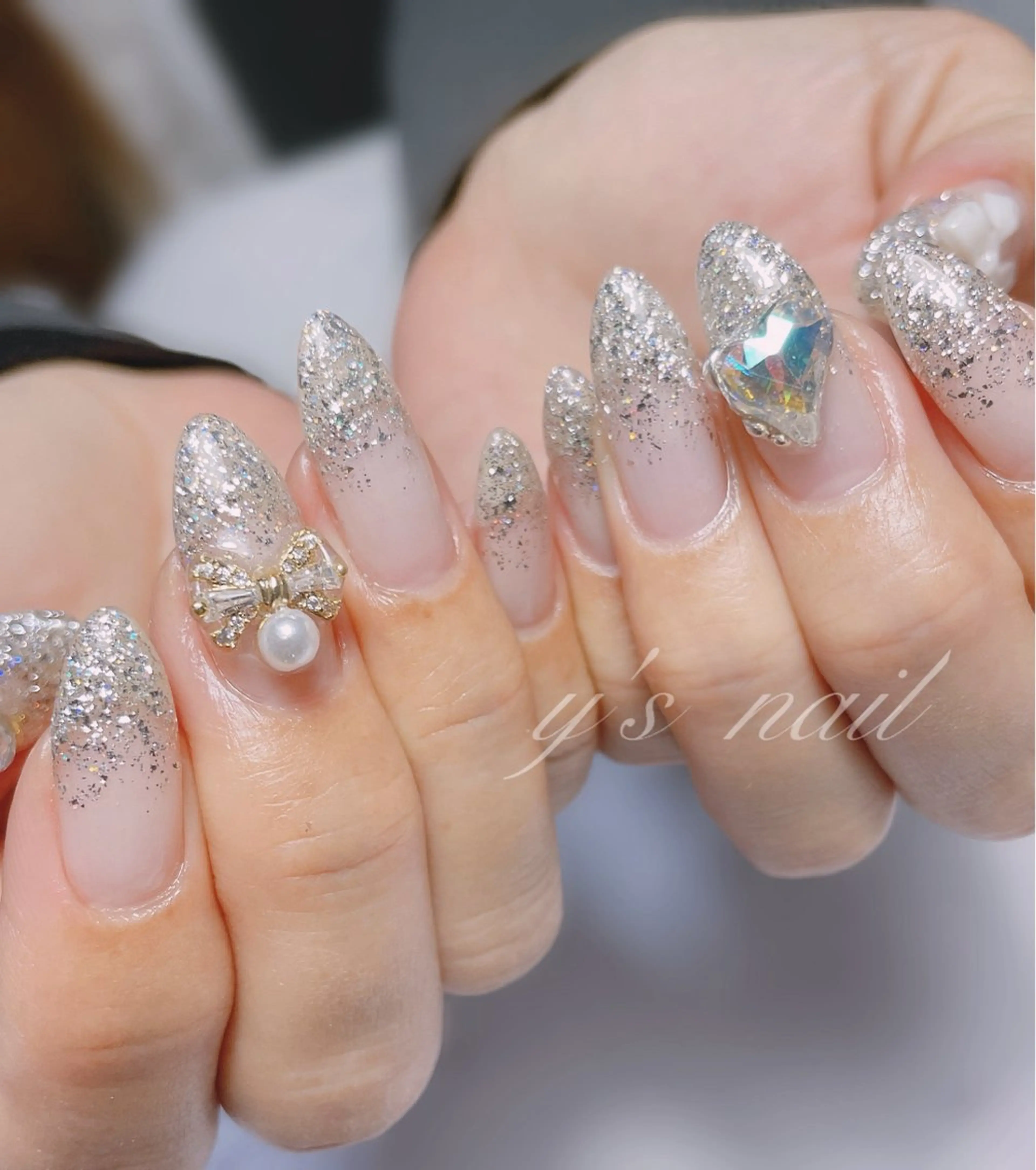 ネイル ハート キラキラネイル リボン ハンドネイル y’s nail ✧ゆきのネイルデザイン