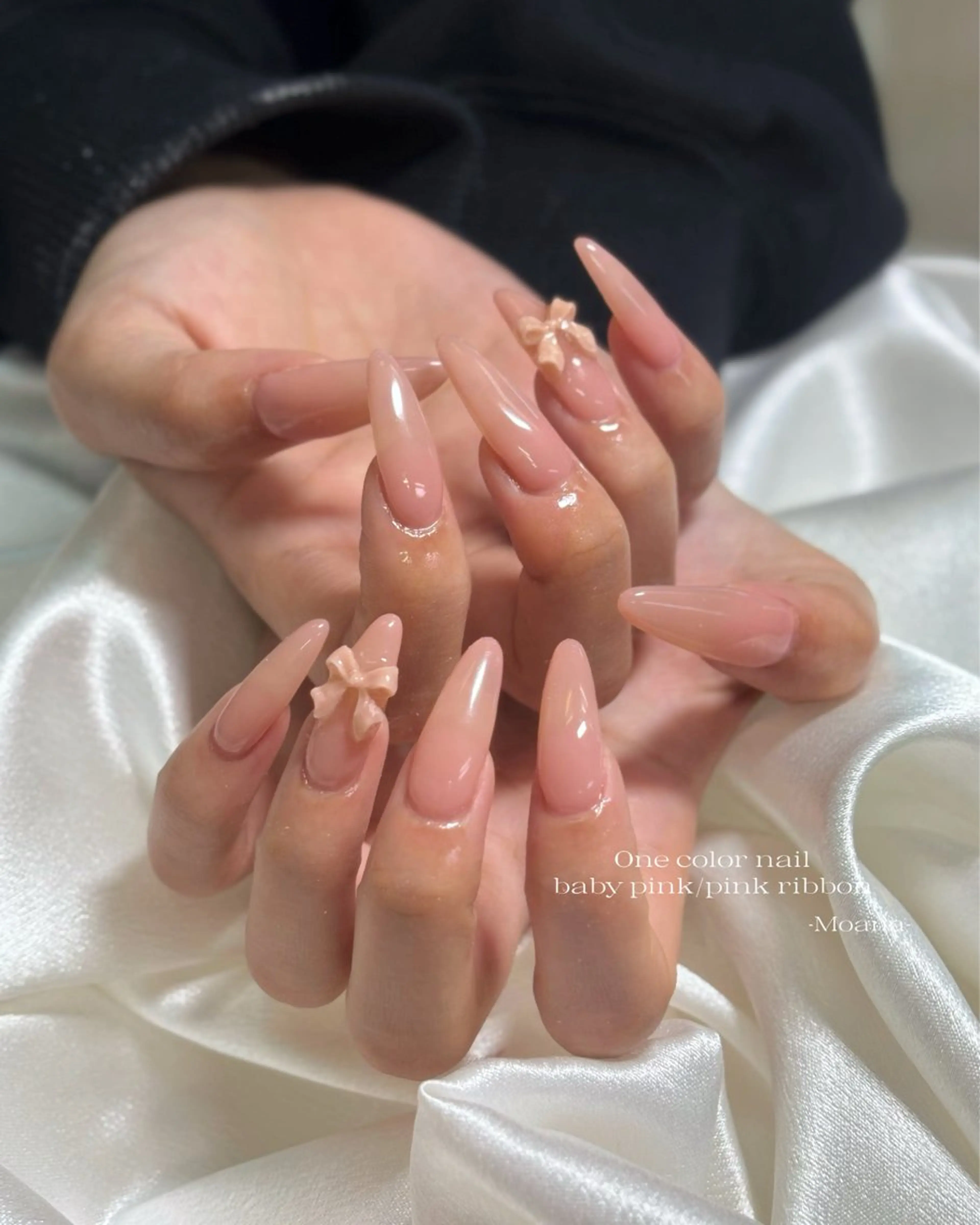 ネイル オフィスネイル ワンカラーネイル ピンク リボン シンプルネイル ハンドネイル Moana nail Hiyoriのネイルデザイン