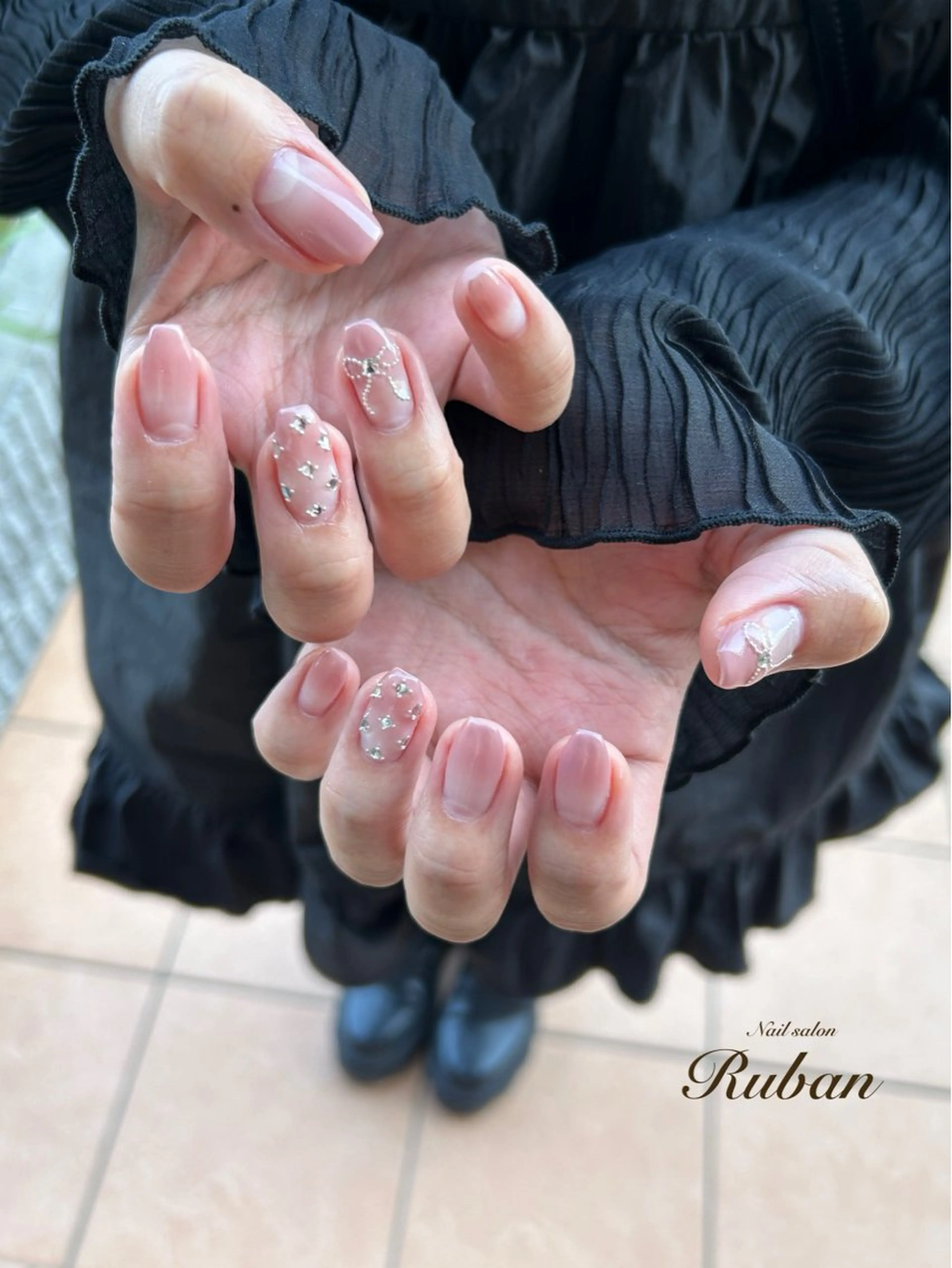 ネイル 長さ出し 持ち込み ピンク リボン Nail salon Rubanのネイルデザイン
