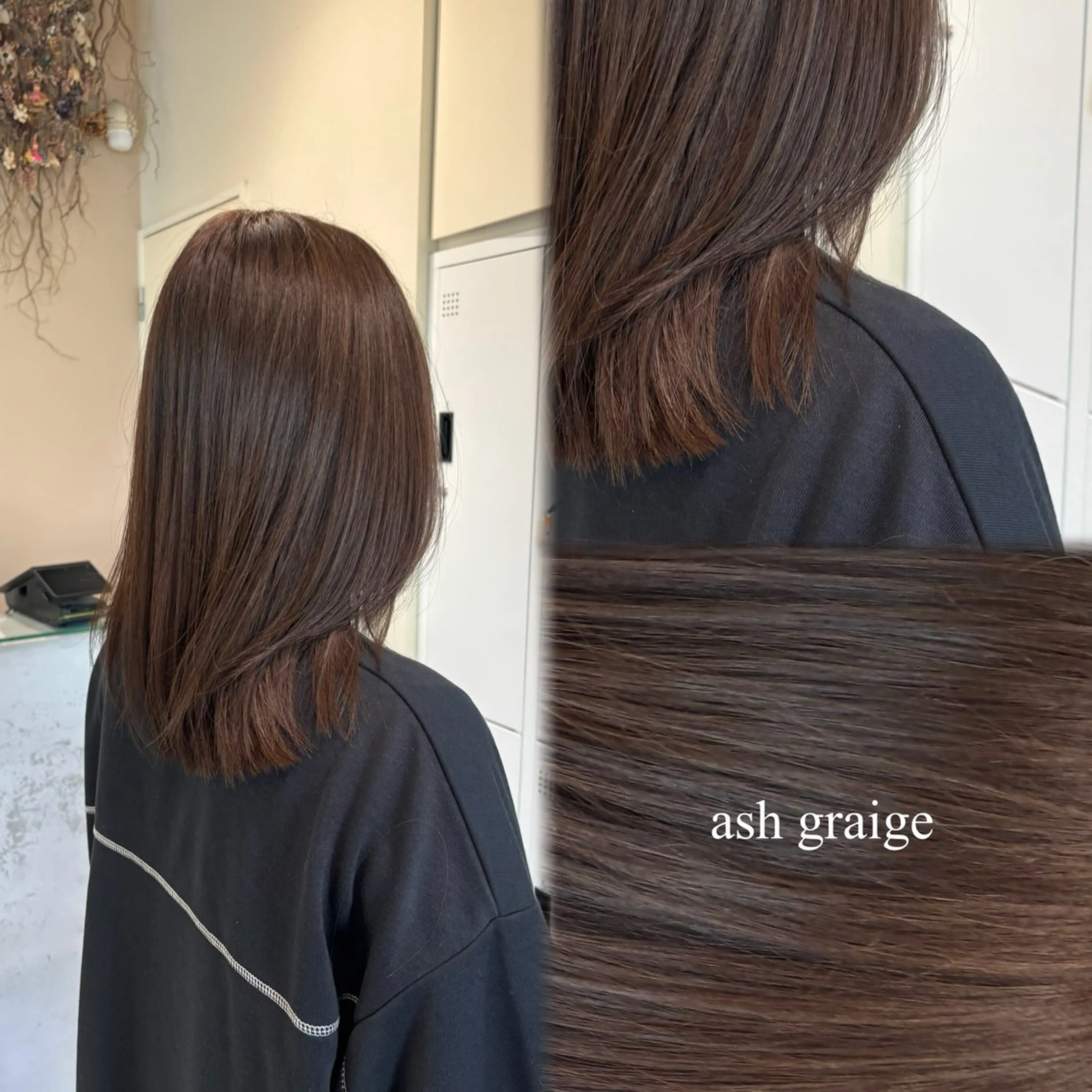 ミディアム ヘアカラー 垢抜け小顔レイヤー オリーブ/スミレのヘアスタイル