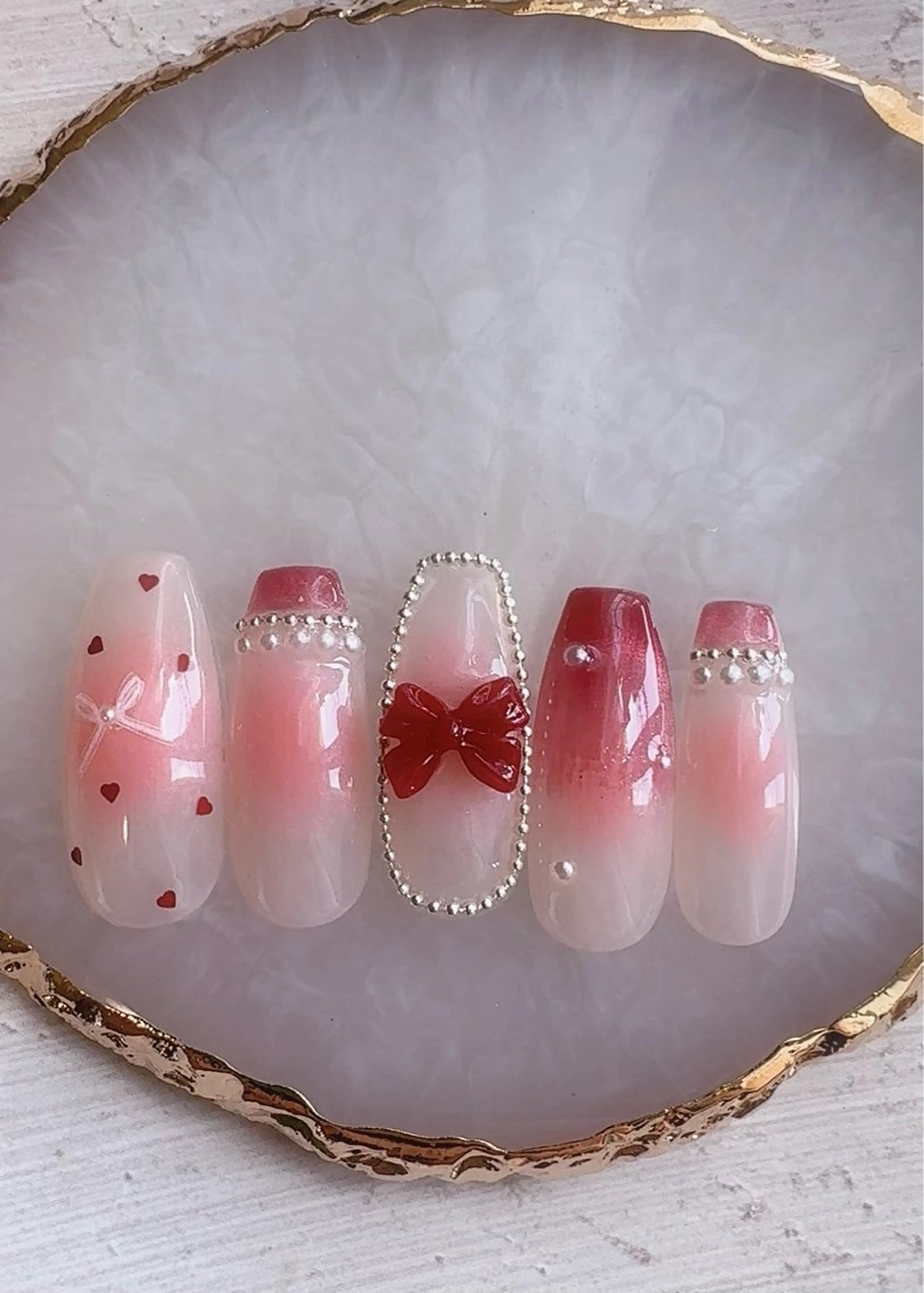 ネイル ガーリー 韓国ネイル ロングネイル リボン ネイルチップ ハンドネイル Monica nails/福島のネイルデザイン