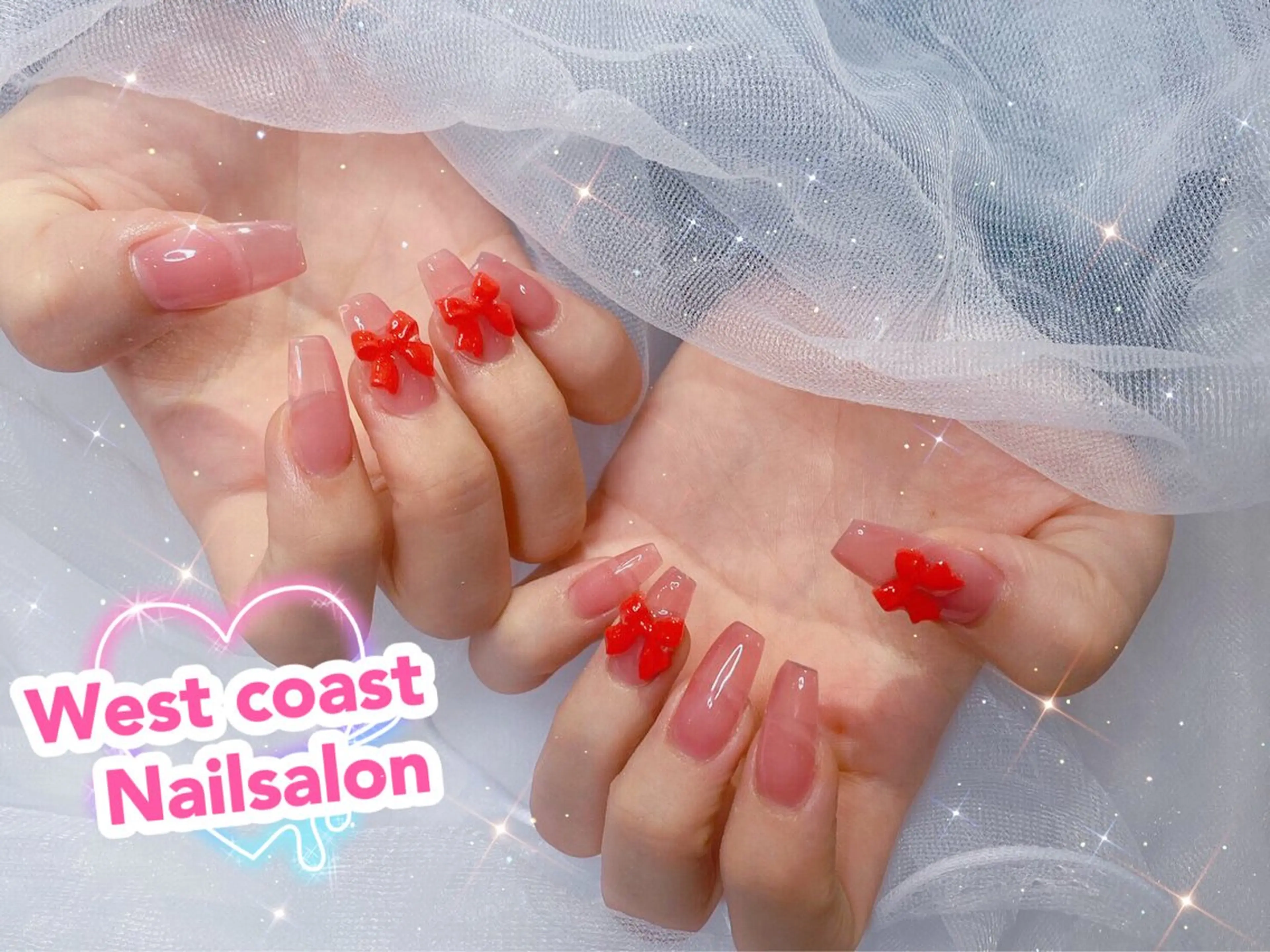 ネイル 韓国ネイル ワンカラーネイル ピンク 春ネイル 夏ネイル リボン、ガーリー パーツ放題専門店のネイルデザイン