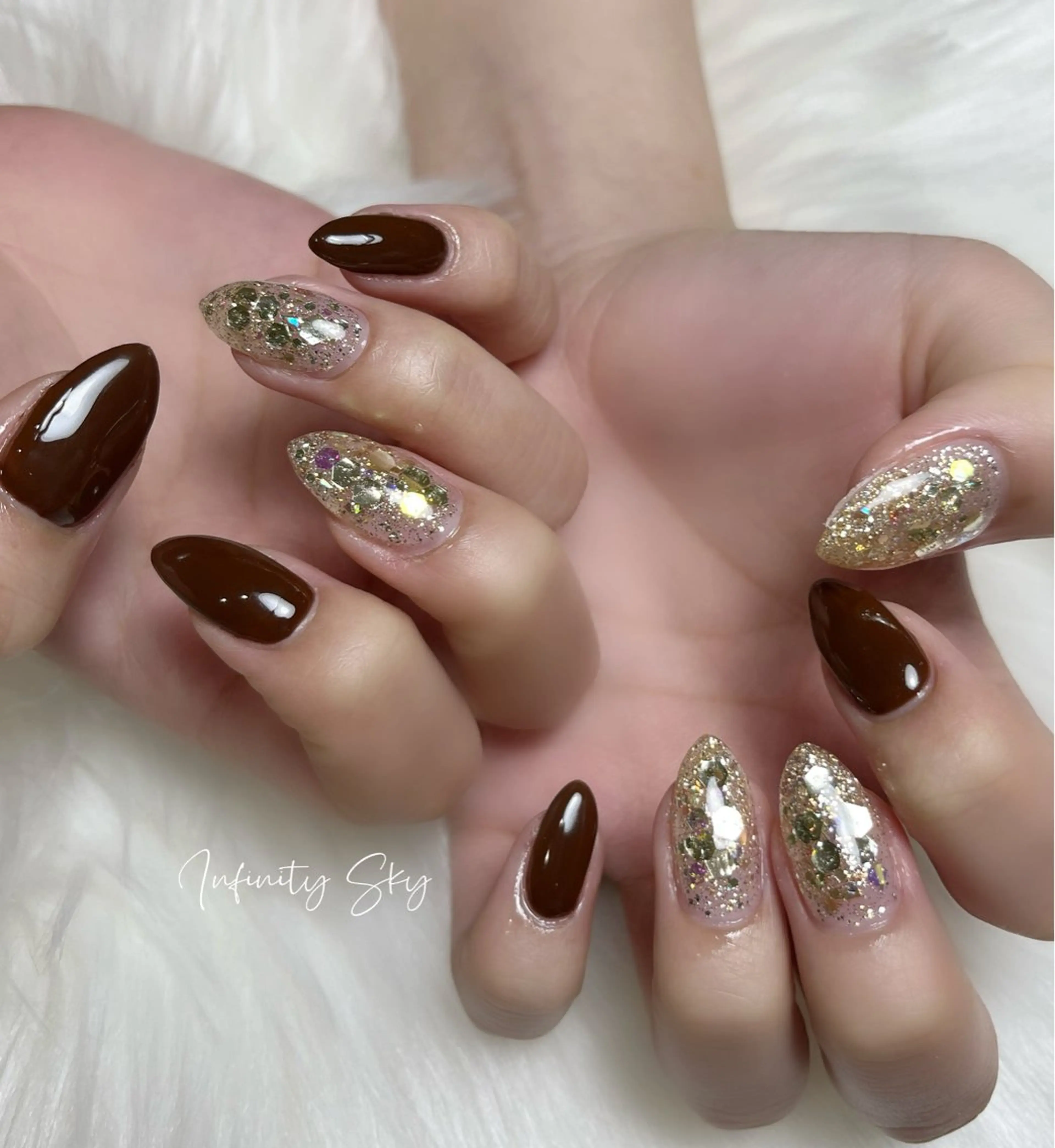 ネイル ブラウン ラメ(グリッター) infinity skyのネイルデザイン