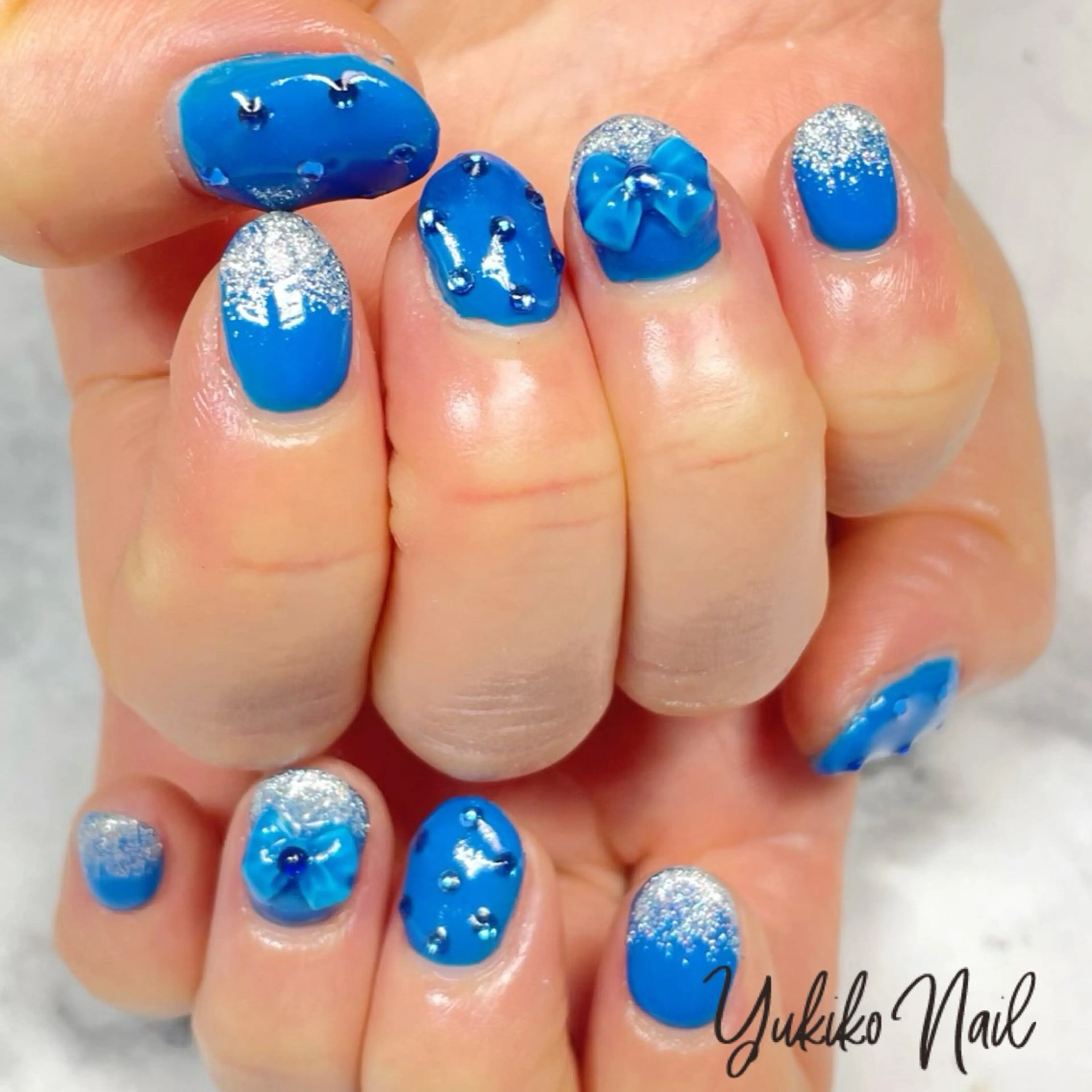 ネイル ブルー ガーリー 韓国ネイル ワンホンネイル ハンドネイル ユキコ ネイルのネイルデザイン