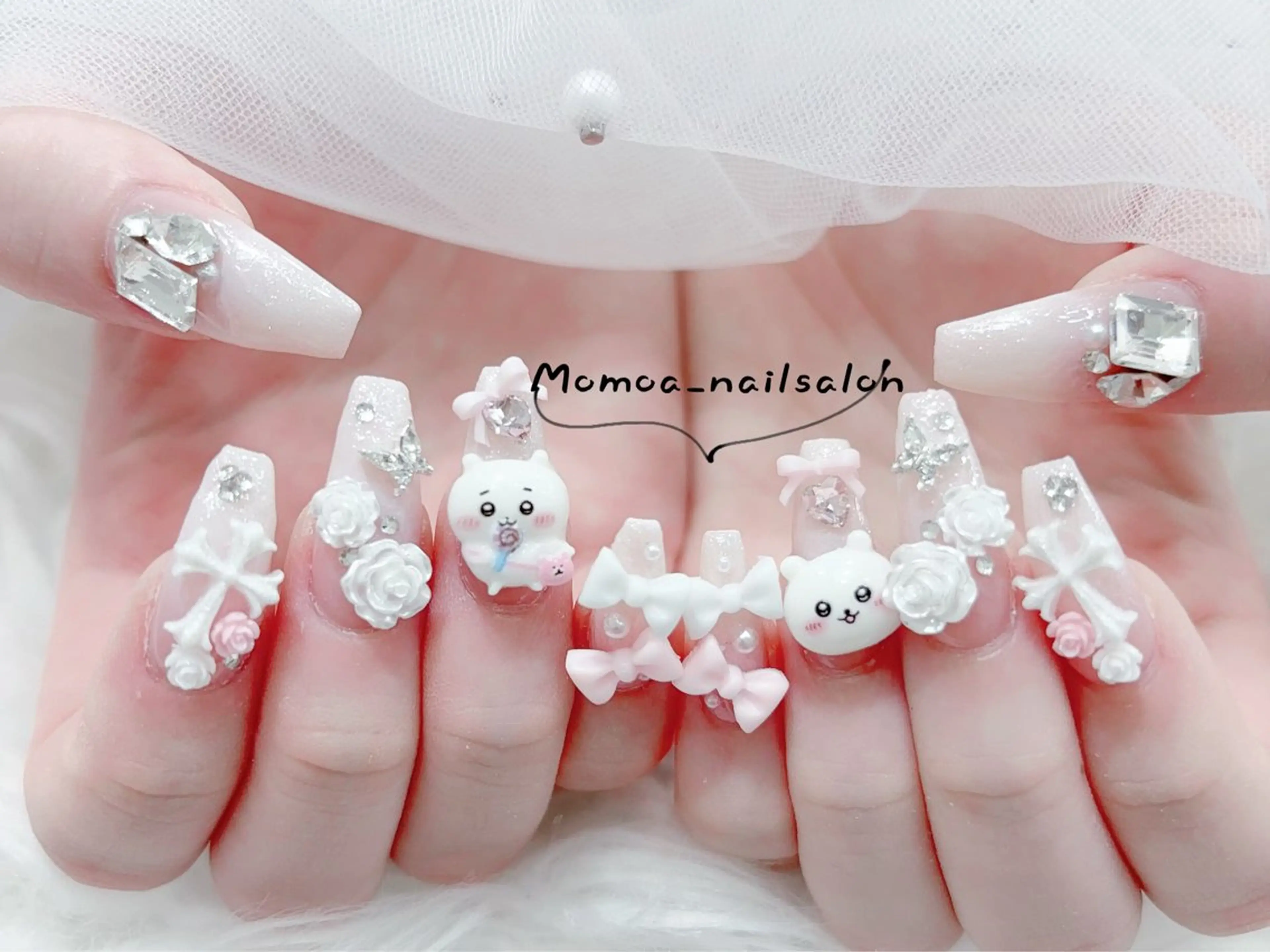 ネイル 成人式 大理石ネイル(マーブル) リボン 夏ネイル ネイルチップ ハンドネイル MoMoA Nail ネイル長さ出し専門店のネイルデザイン