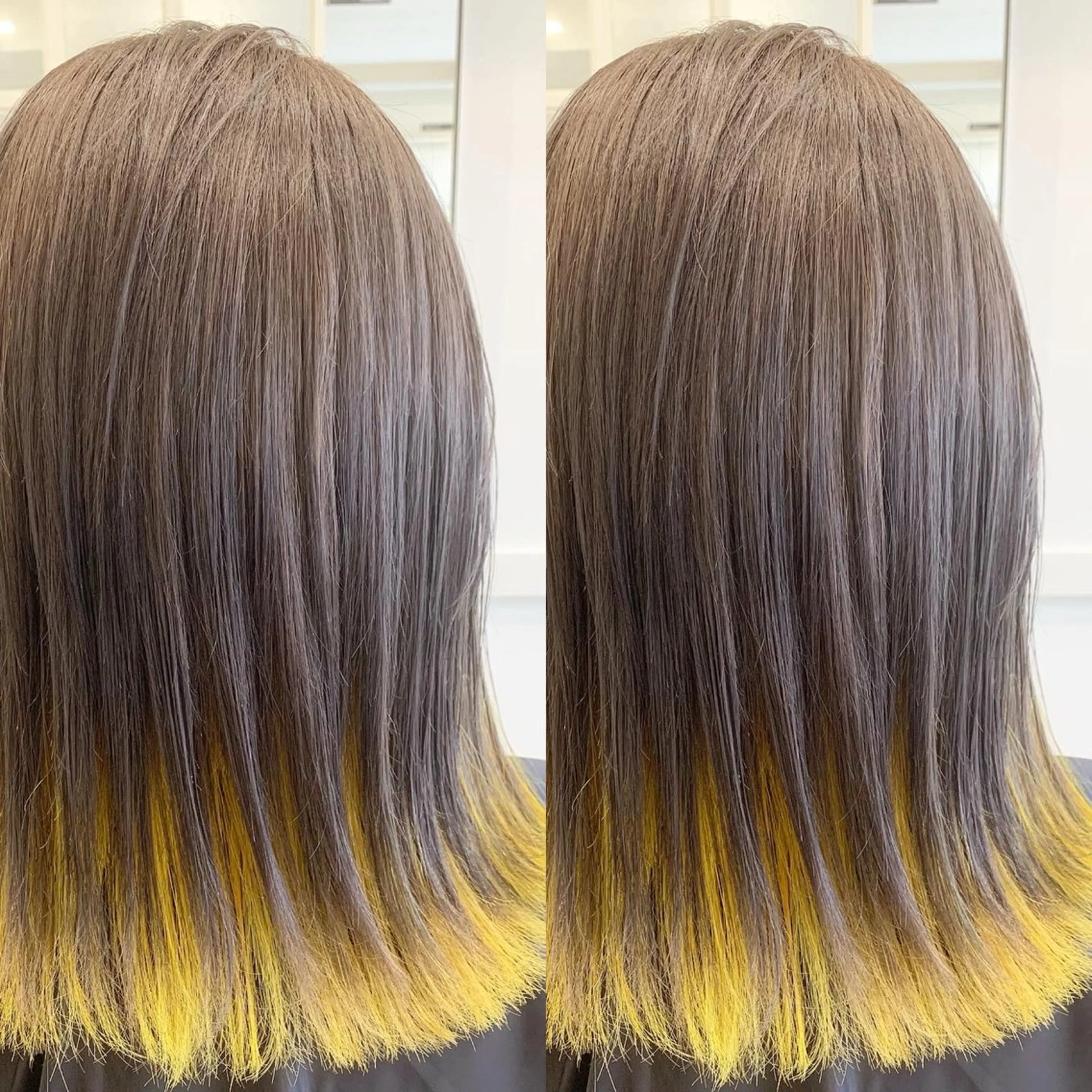 カラー ブリーチ グレージュ イエローカラー レイヤーと縮毛矯正 で生きてる人のヘアスタイル