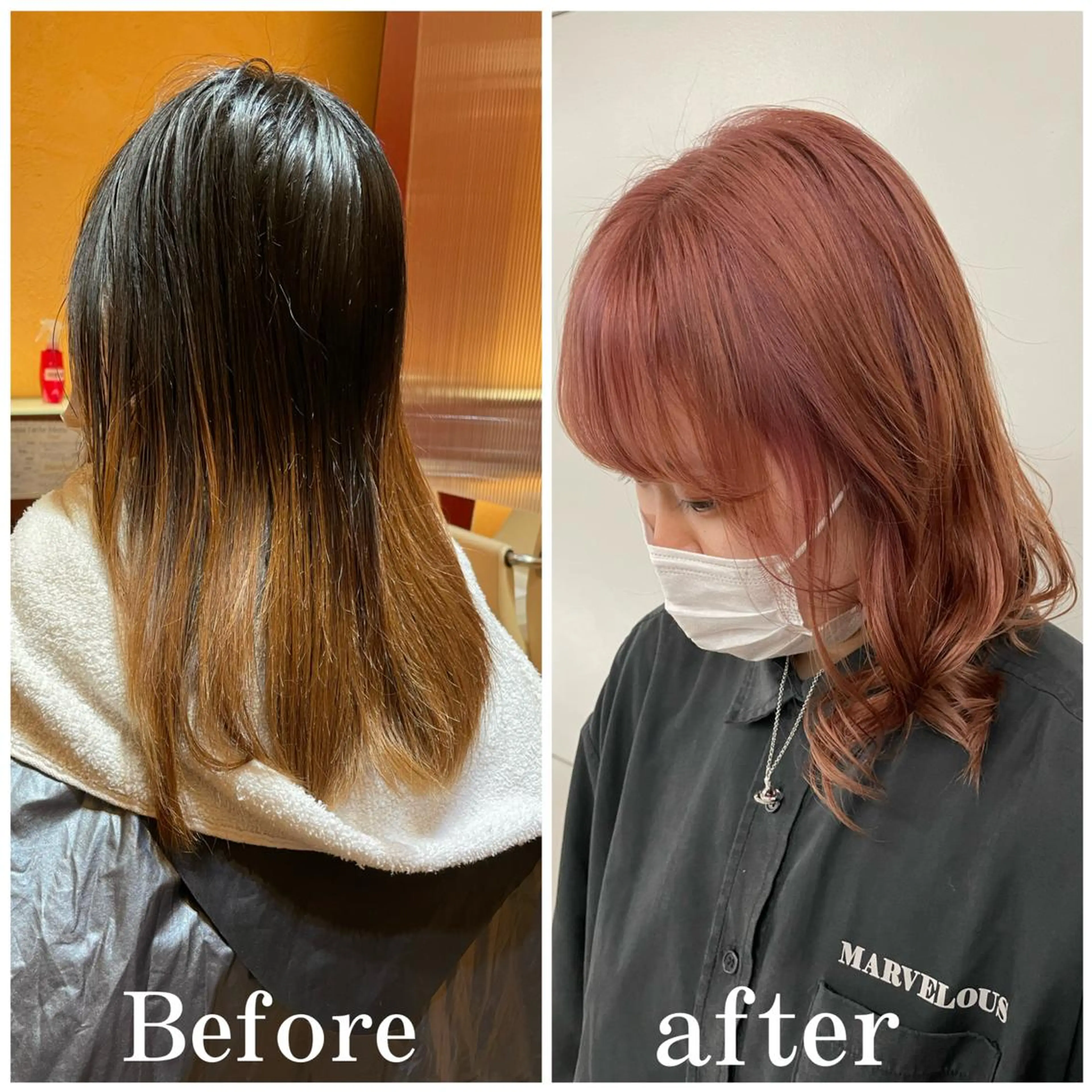 セミロング カラー ブリーチ オレンジ ピンクカラー 🌸 Miyuのマツエク・マツパデザイン