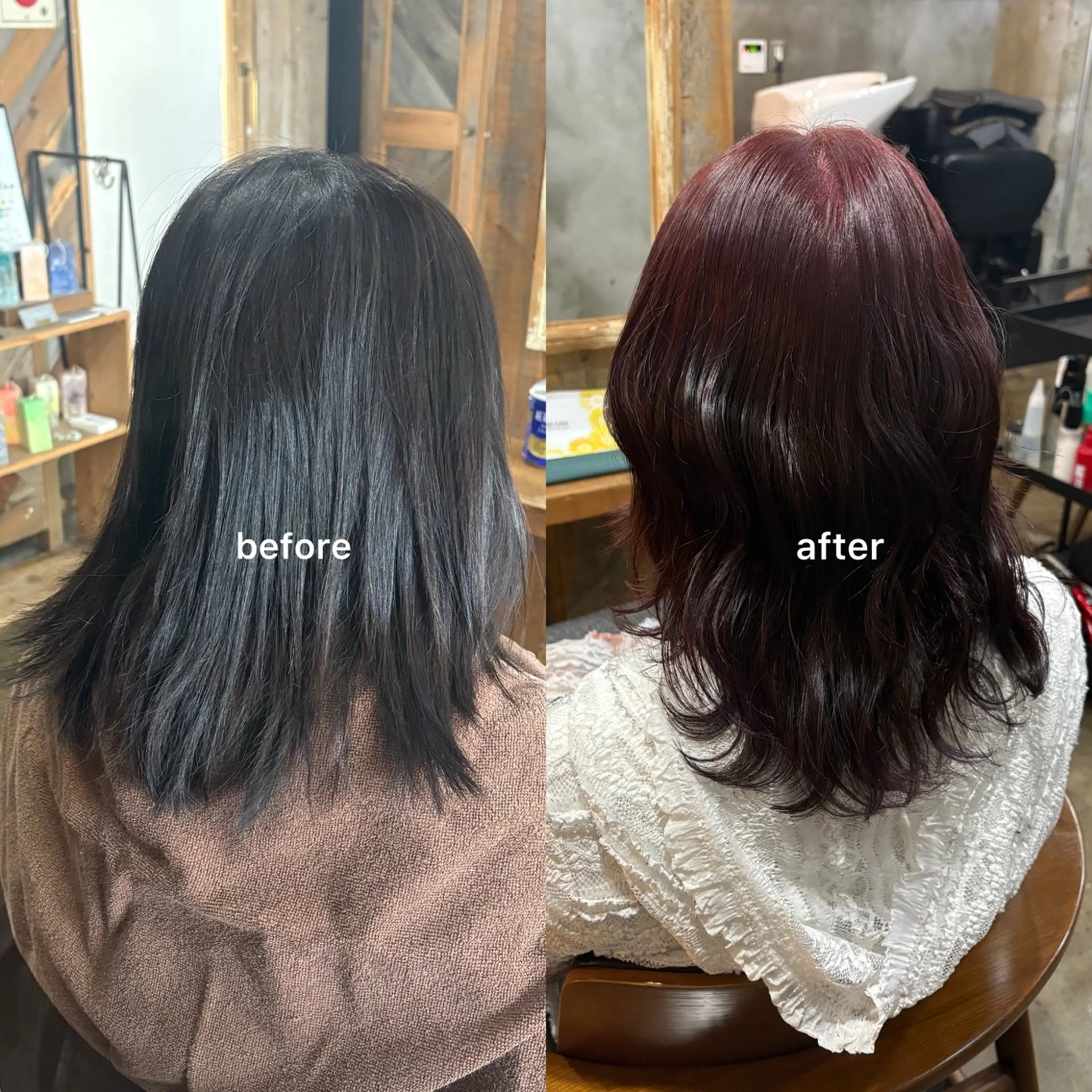 セミロング カラー ベージュカラー ブリーチ ボルドーカラー ブリーチなしカラー ピンクカラー ヘアカラー Hina🧵/恵比寿 中目黒/透明感カラーのヘアスタイル