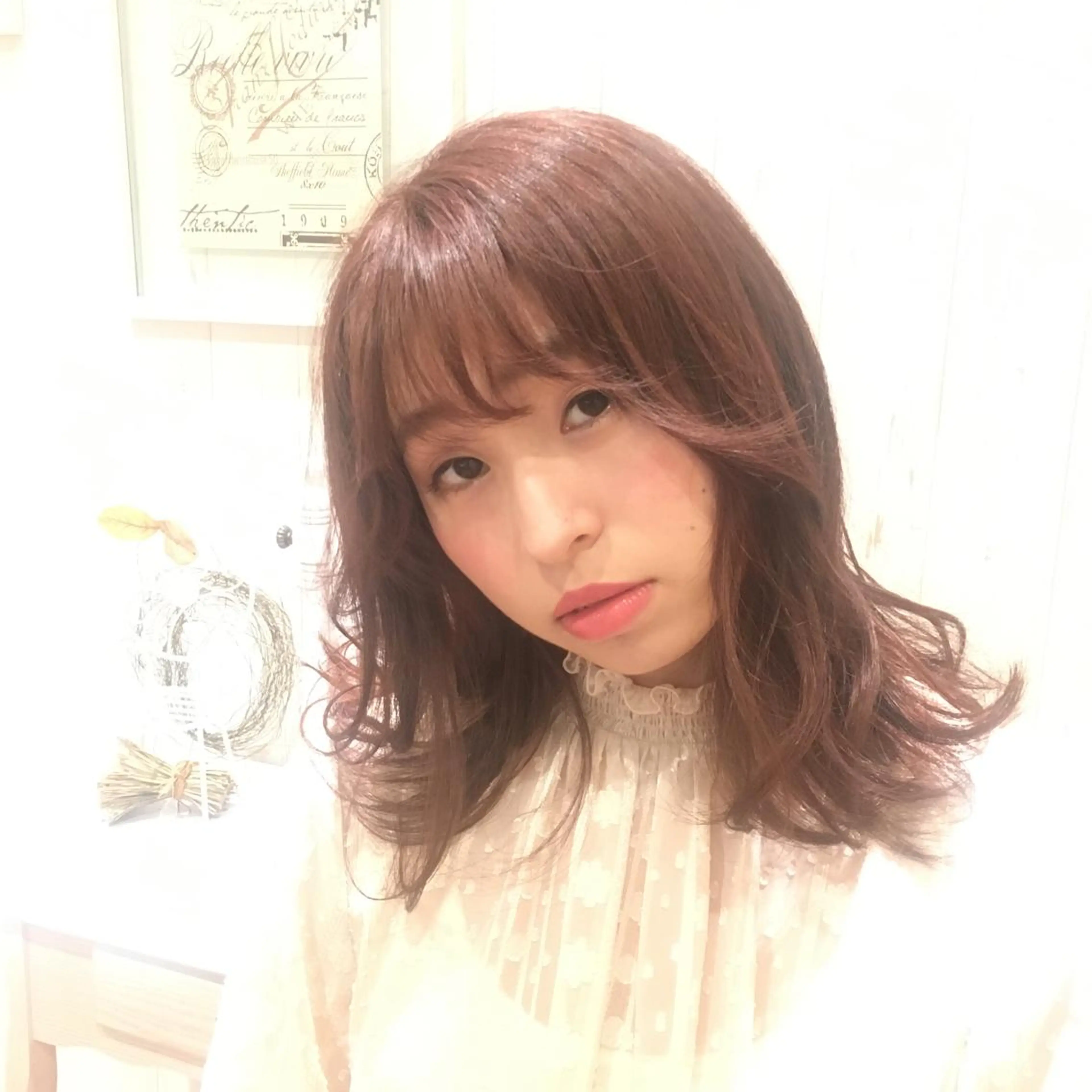 セミロング ロング カラー パーマ ヘアアレンジ 透明感カラー ピンクカラー 顔周りカット 天使の羽バング・フェザーバング Lall  You 大阪所属・🥛洒落髪小顔cut なら龍崎🥛のヘアスタイル