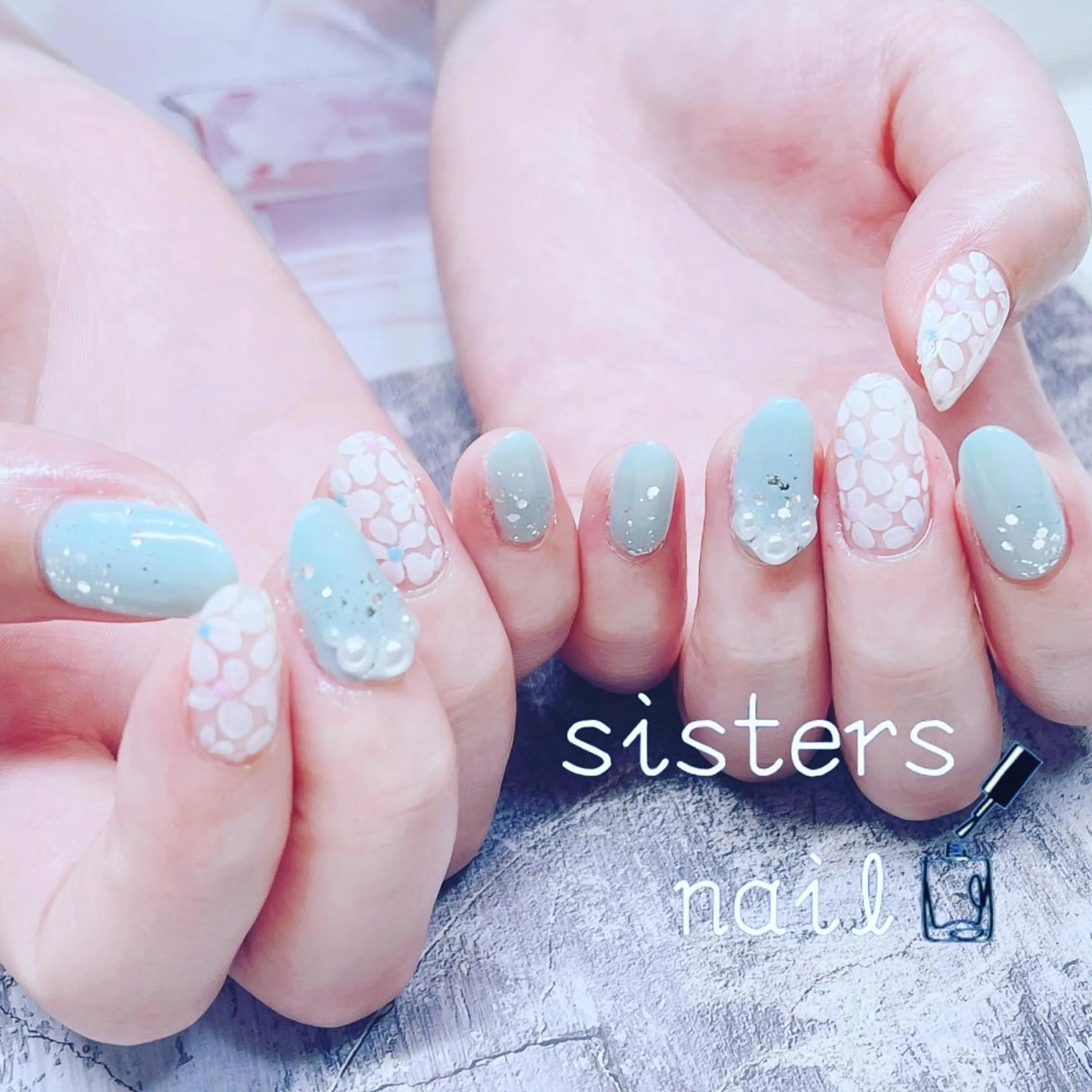 ネイル アートネイル ブルー フラワーネイル オフィスネイル パステルネイル sisters nail.fのネイルデザイン