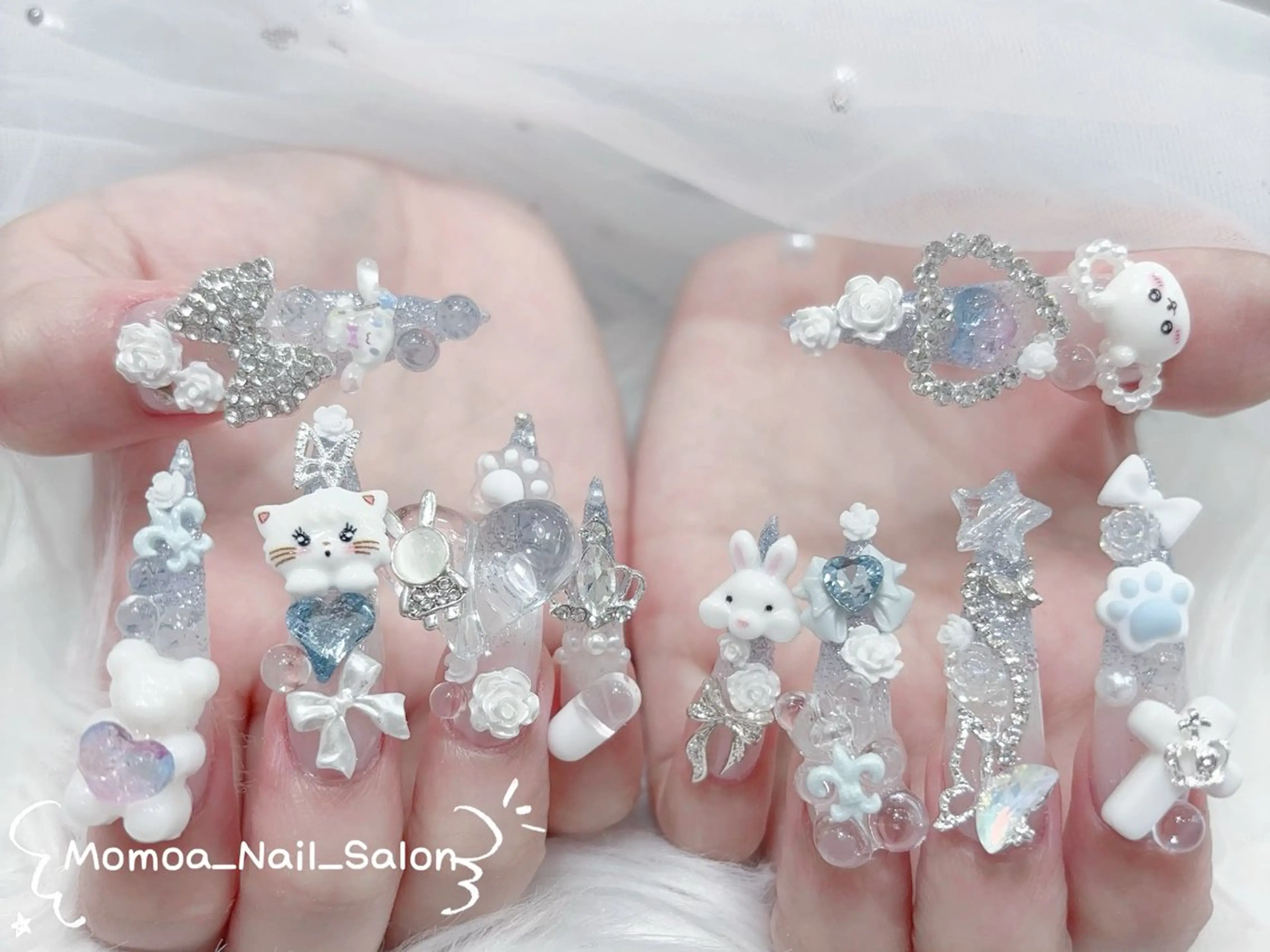 ネイル 成人式 ロングネイル マグネットネイル 大理石ネイル(マーブル) 持ち込み ハンドネイル MoMoA Nail ネイル長さ出し専門店のネイルデザイン