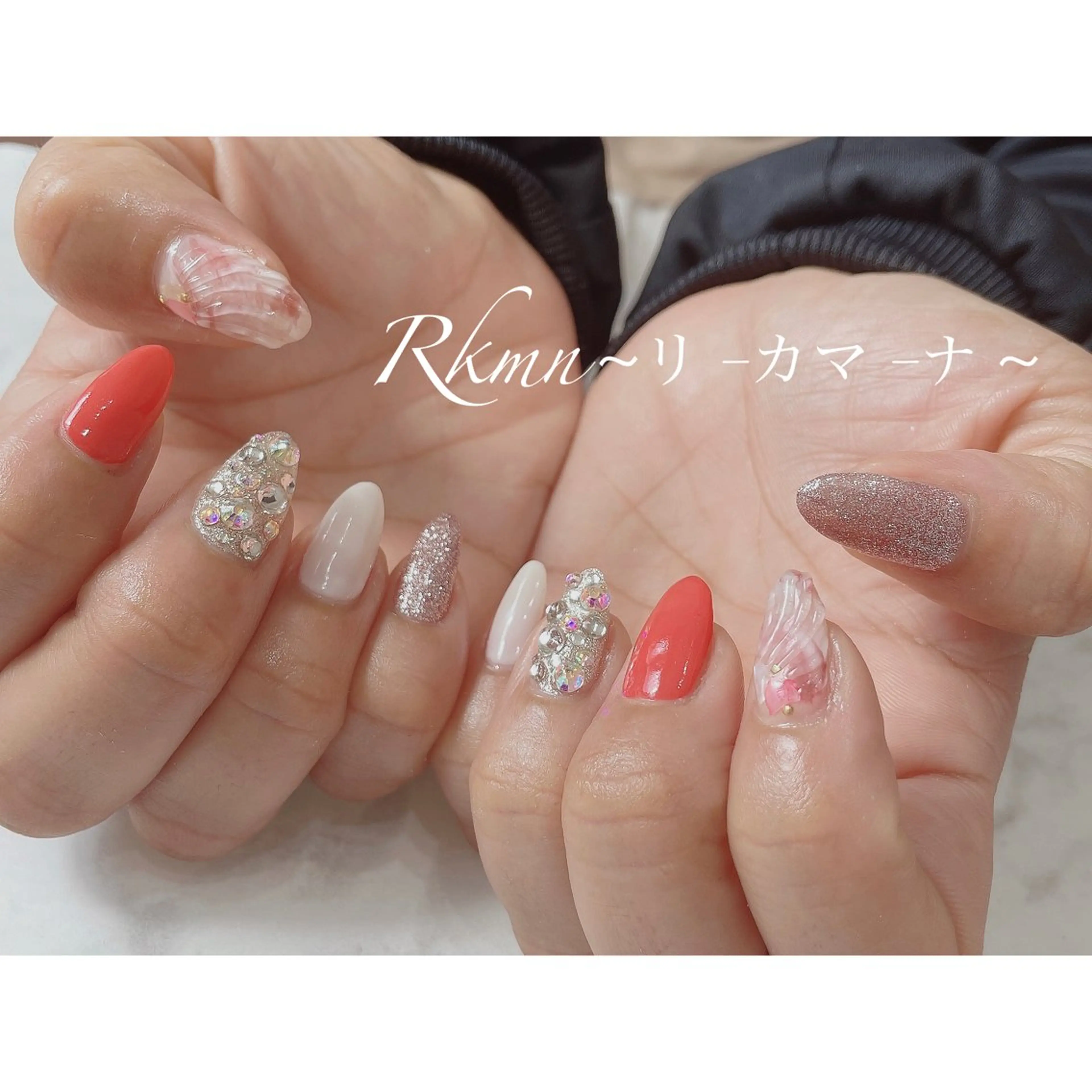 ネイル アートネイル ラメ(グリッター) 大理石ネイル(マーブル) オレンジ 春ネイル ハンドネイル フットネイル ハンドケア Rkmn ~リ-カマ-ナ~のネイルデザイン