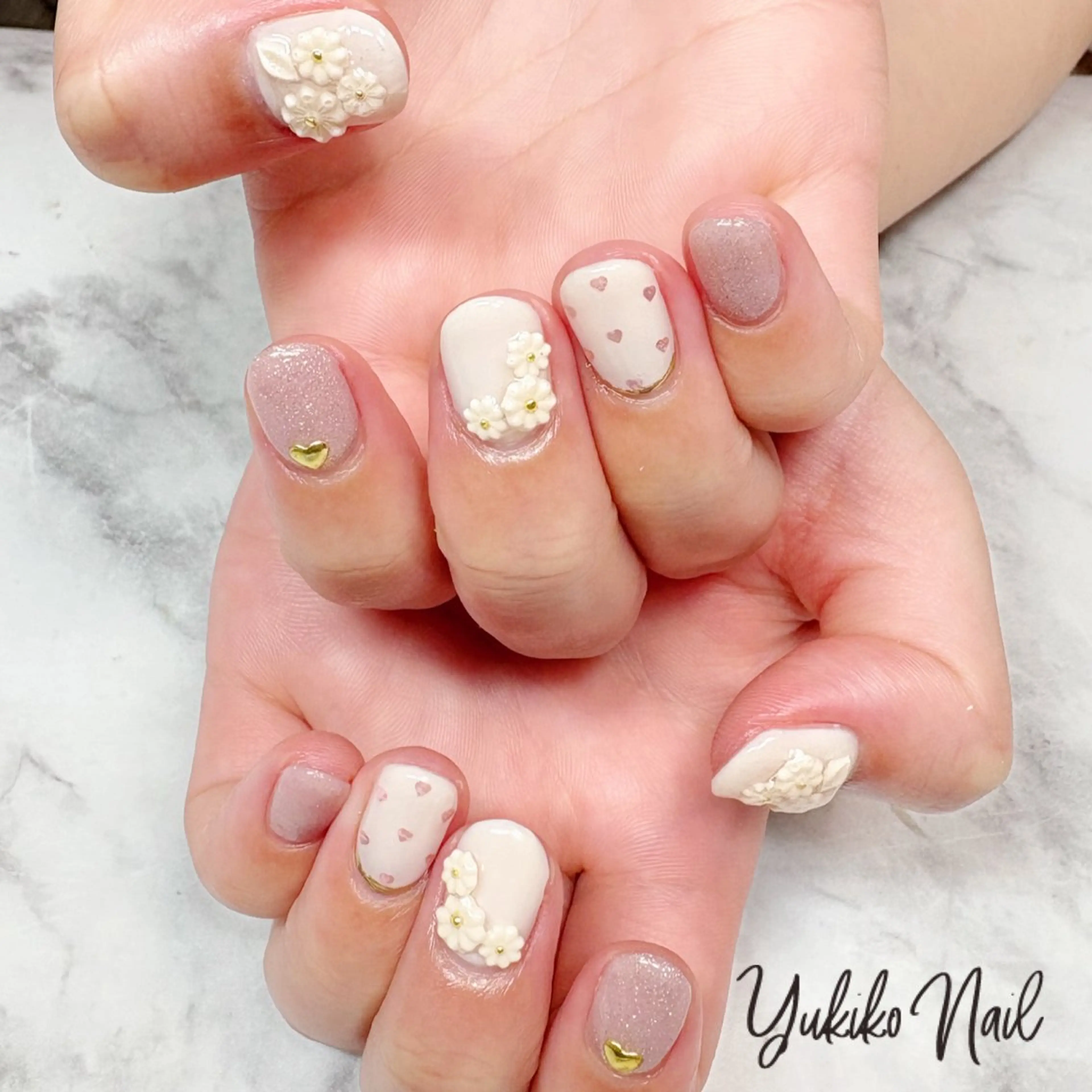 ネイル フラワーネイル ゴージャス ハート レース ピンク ハンドネイル ユキコ ネイルのネイルデザイン