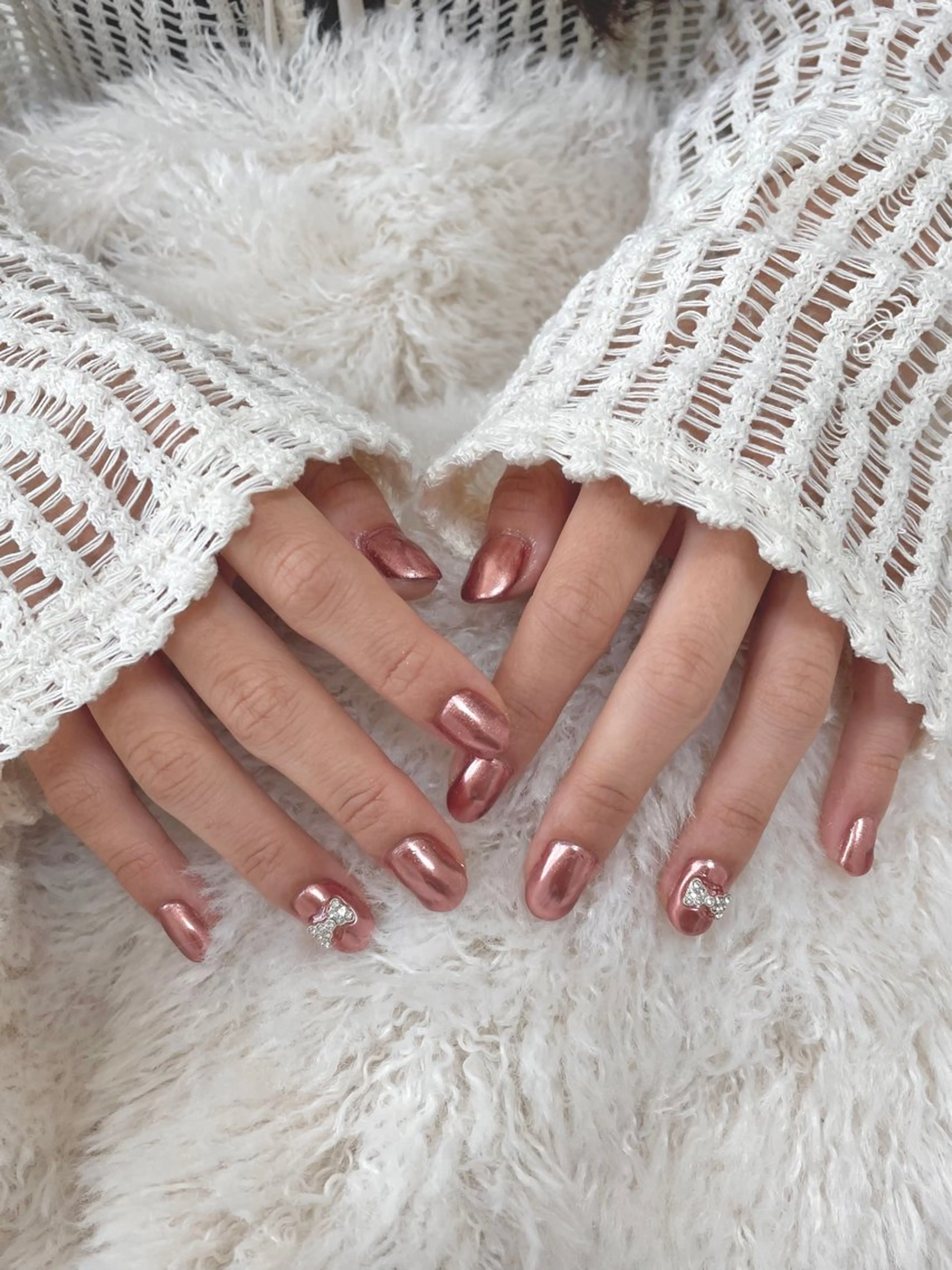 ネイル ミラーネイル ピンク リボン Sakura Lino三郷 尾張旭のネイルデザイン