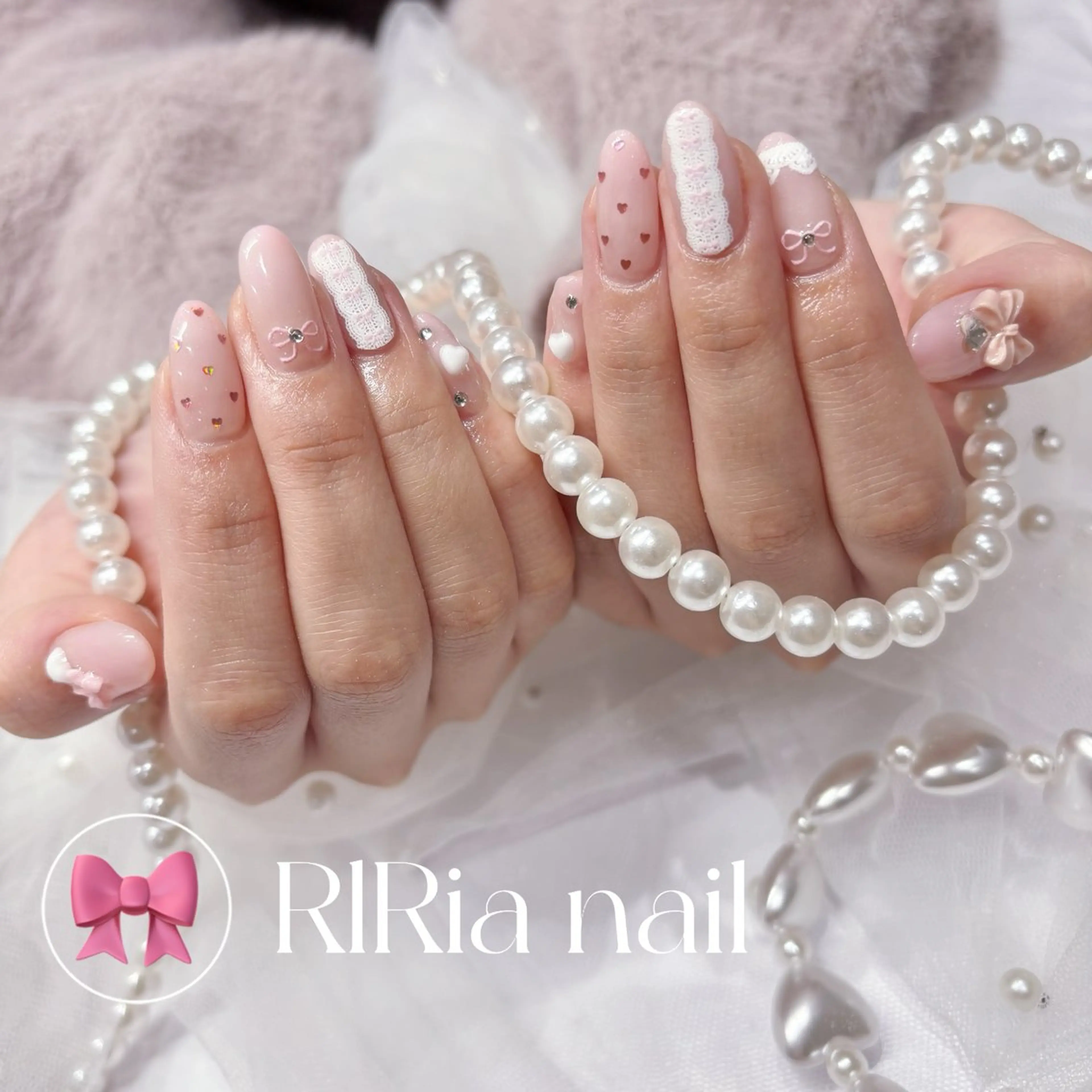 ネイル ガーリー ハート レース ピンク ハンドネイル 🎀RIRia nail🎀のネイルデザイン