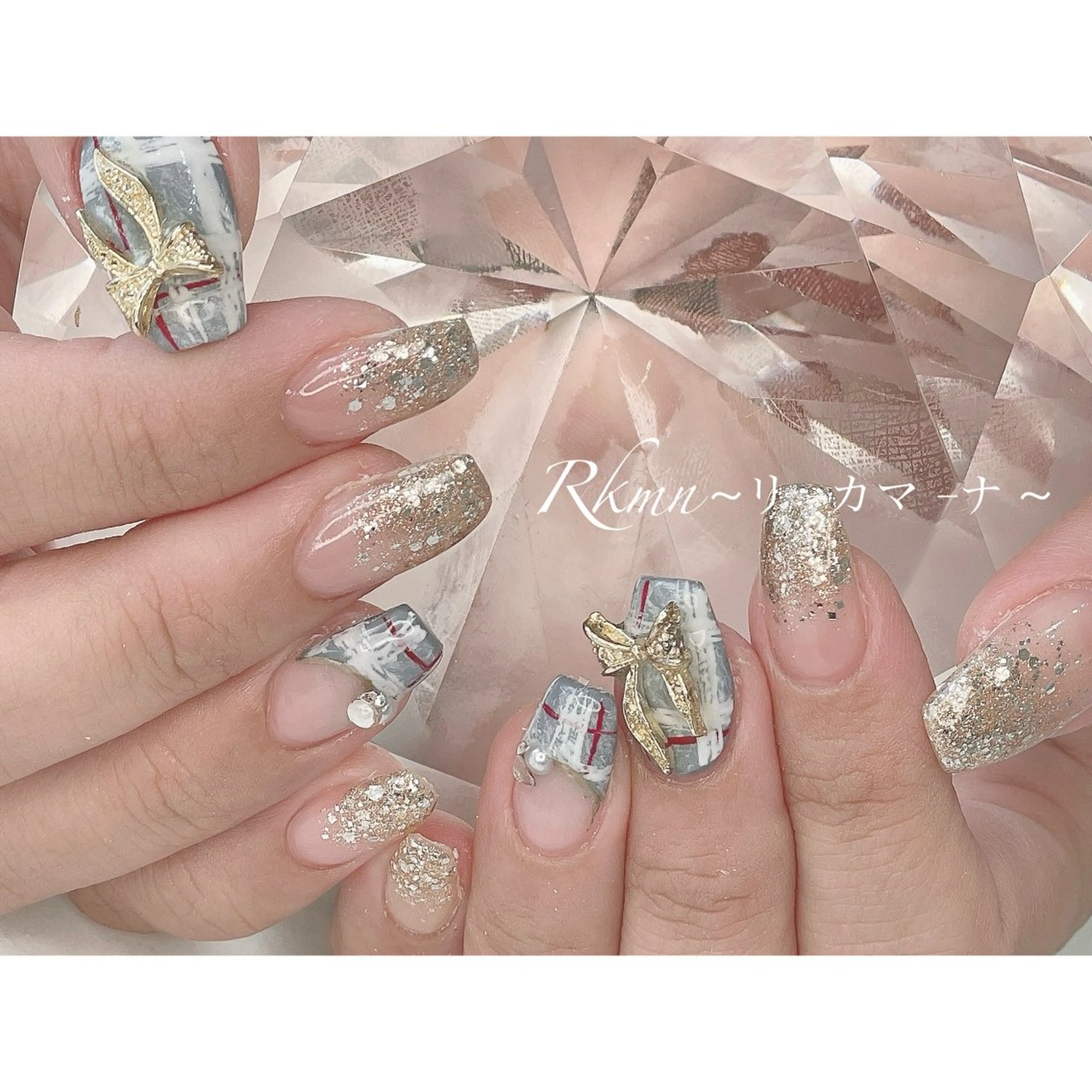 ネイル アートネイル グラデーション ラメ(グリッター) リボン 春ネイル ハンドネイル フットネイル ハンドケア Rkmn ~リ-カマ-ナ~のネイルデザイン