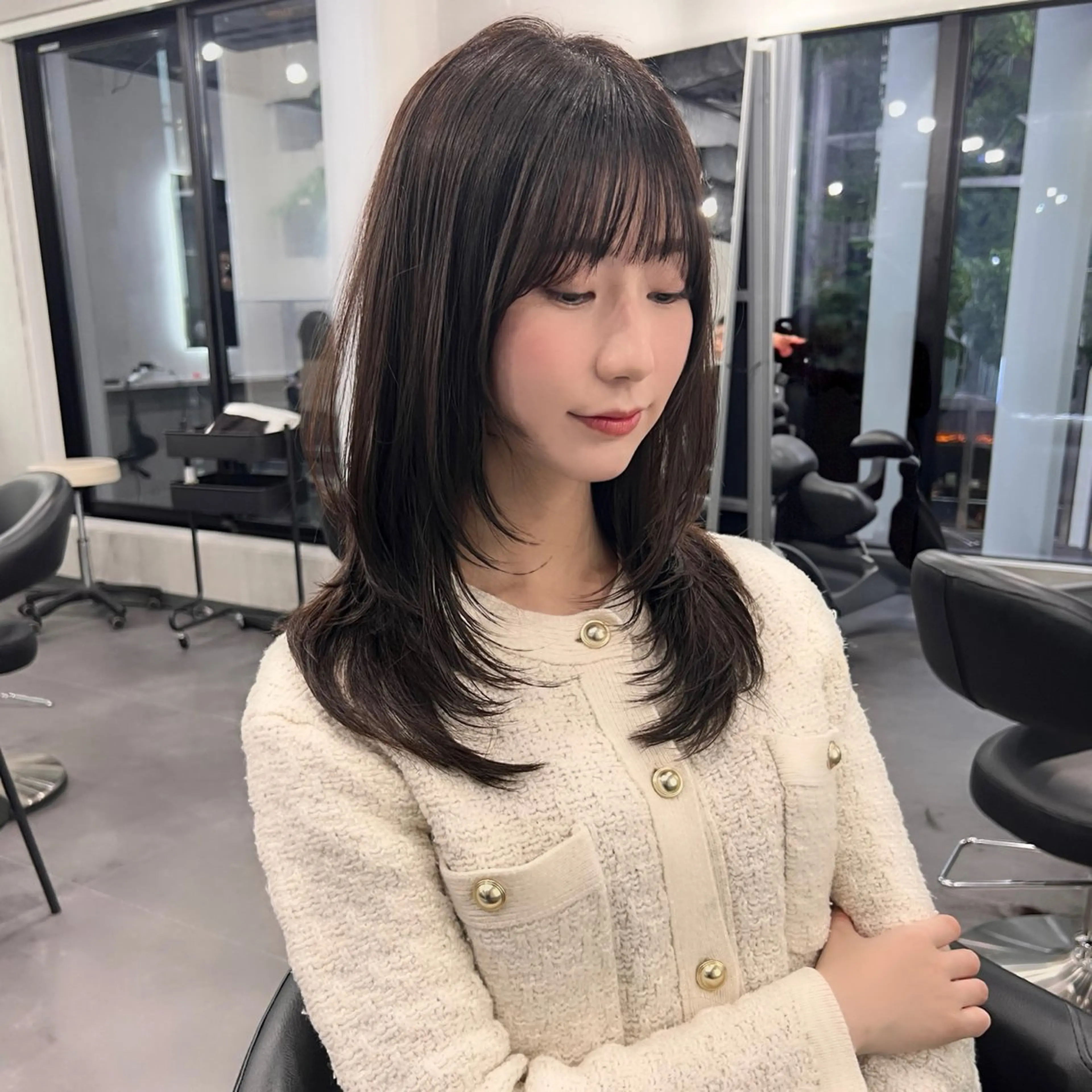 セミロング 髪質改善 レイヤーカット 縮毛矯正 カット 縮毛矯正 レイヤー/韓国ボブ レイヤーボブ/住吉のヘアスタイル