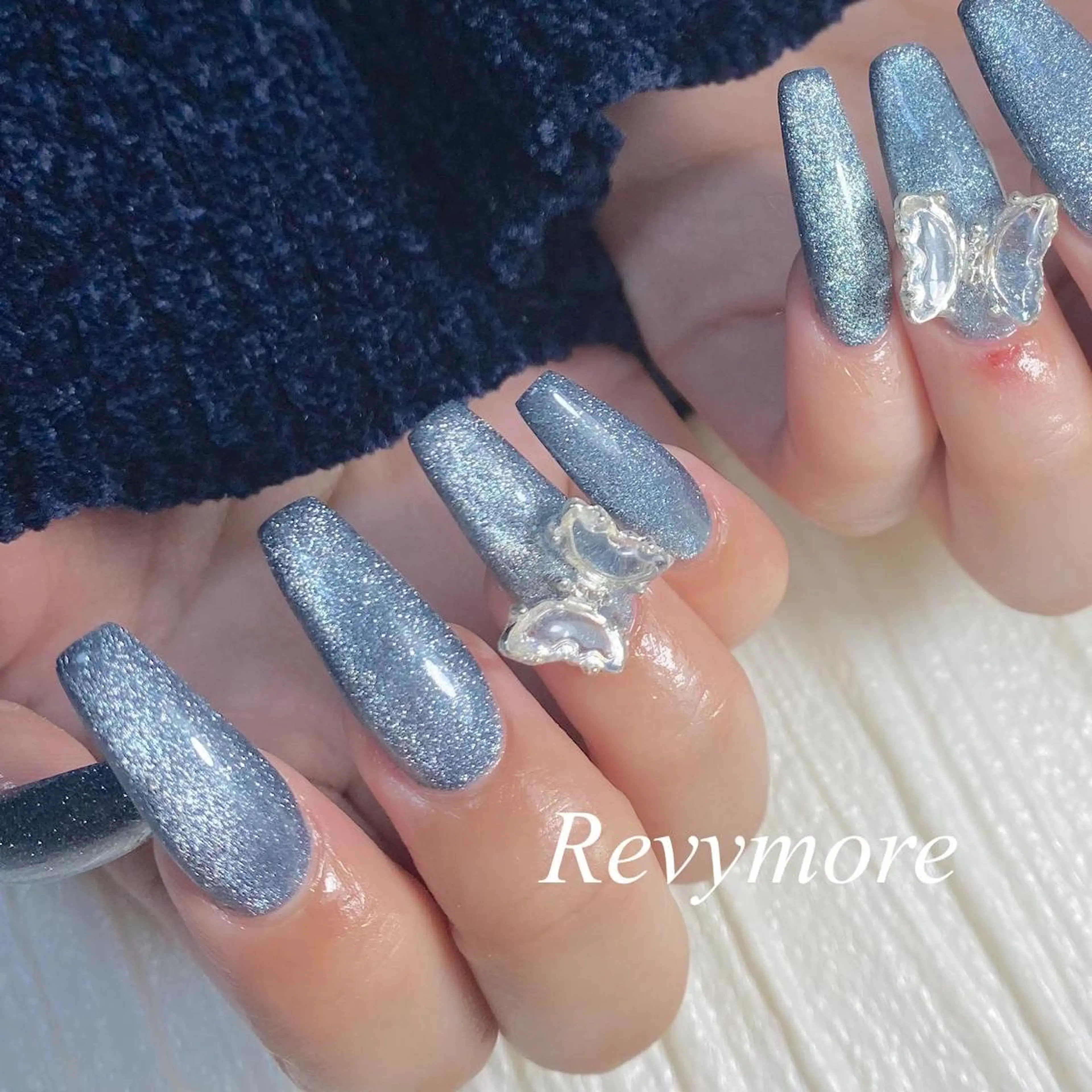 セミロング ネイル ブルー クリアネイル ジェルネイル マグネットネイル マグネットワンカラー nail salon Revymoreのネイルデザイン