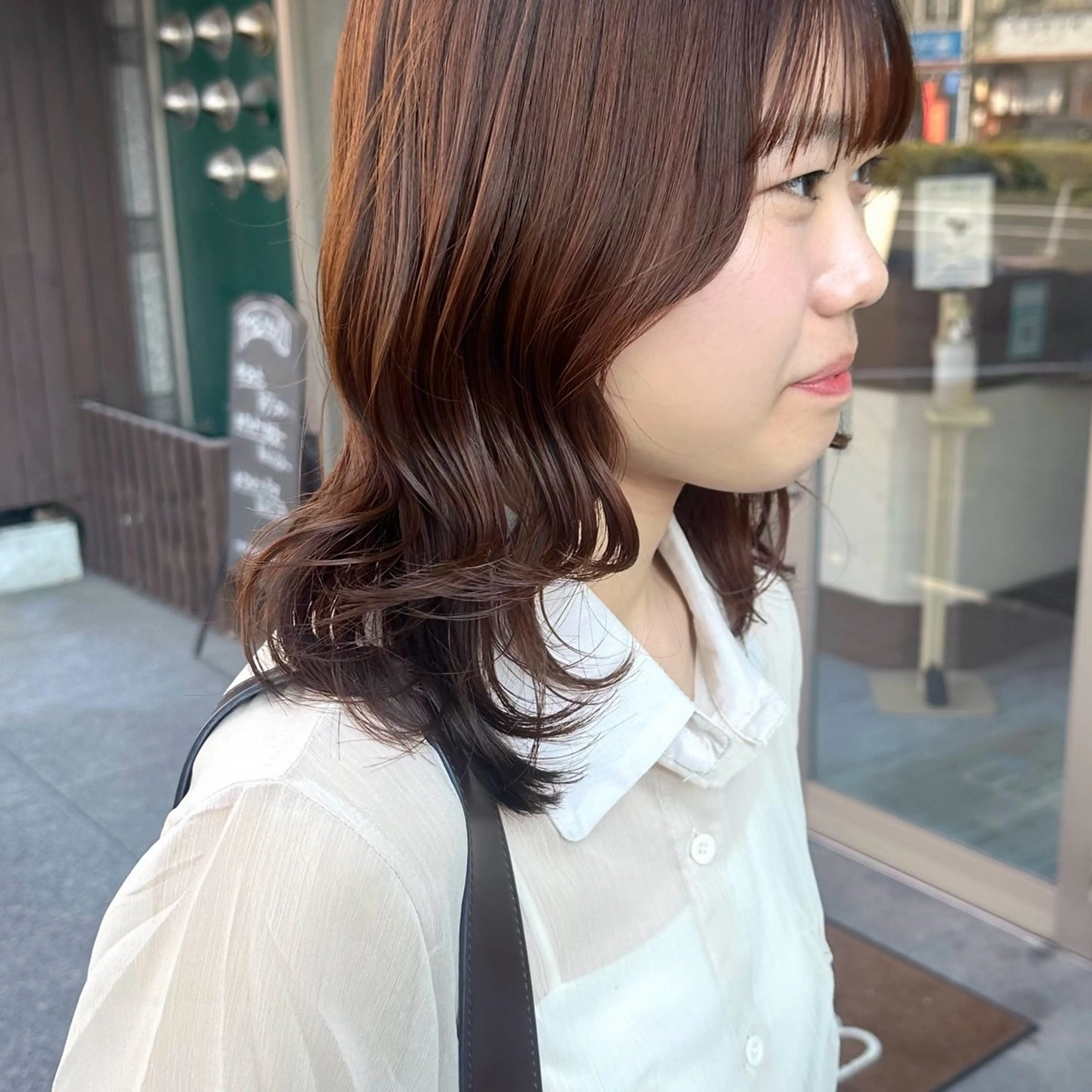 ミディアム カラー ブラウンカラー オレンジ オレンジブラウン レイヤーカット ヘアカラー トリートメント レイヤー/高橋 みく /池下/千種のヘアスタイル