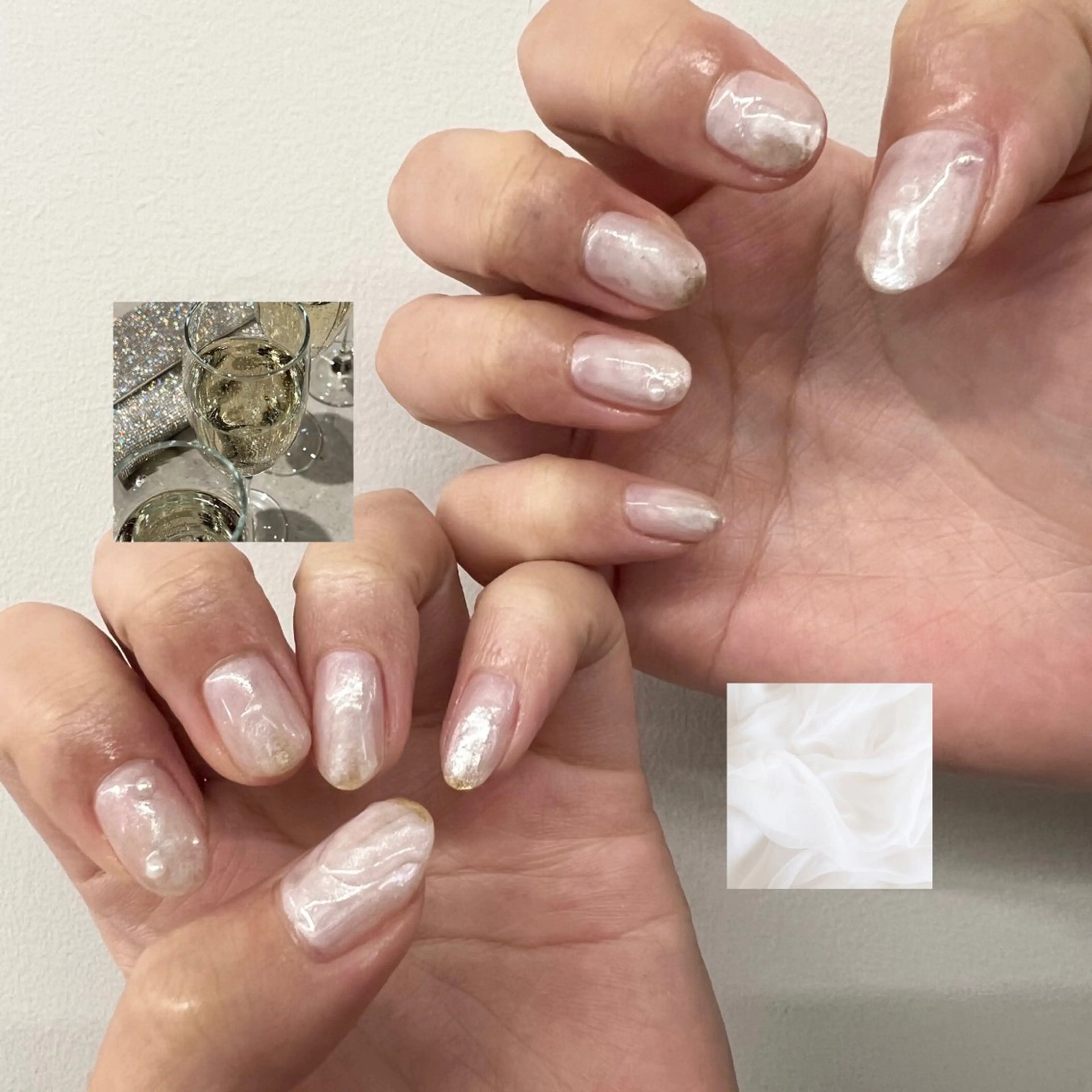 ネイル オーロラネイル ゴールド ホワイト ハンドネイル ハンドケア Bana_ Nailのネイルデザイン