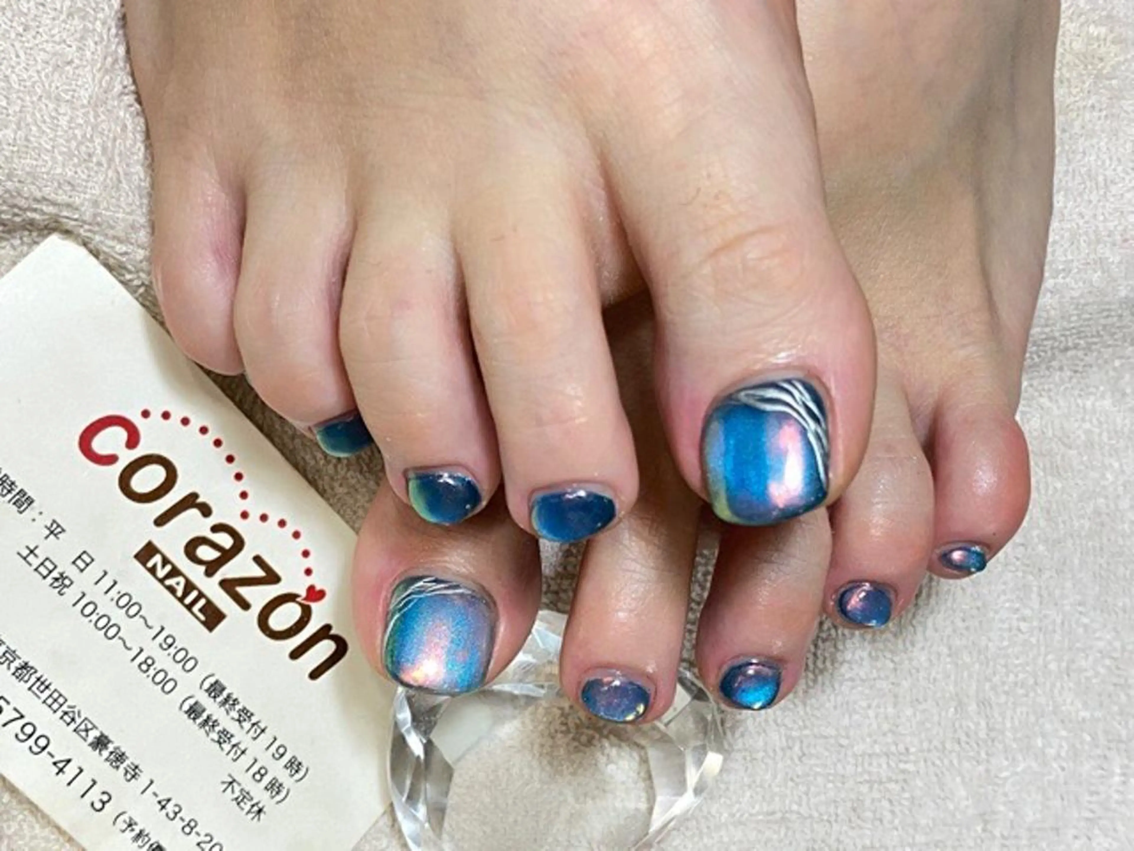 ネイル ブルー フットネイル グラデーション ミラーネイル ネイビー ネイリスト aicoのネイルデザイン