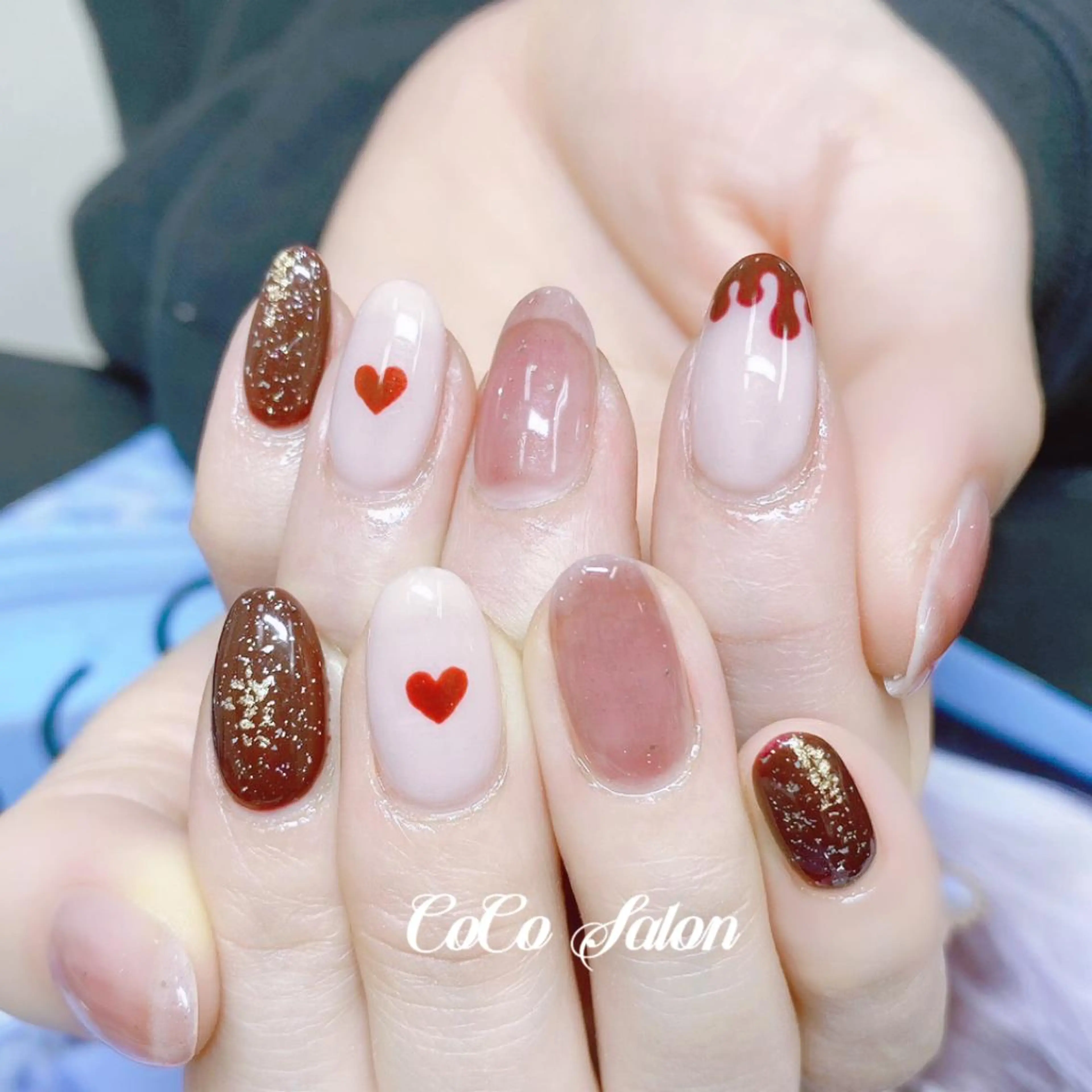 ネイル ボルドー 長さ出し ジェルネイル ハート 韓国ネイル ハンドネイル CoCoSalon ネイル/まつ毛予約のネイルデザイン