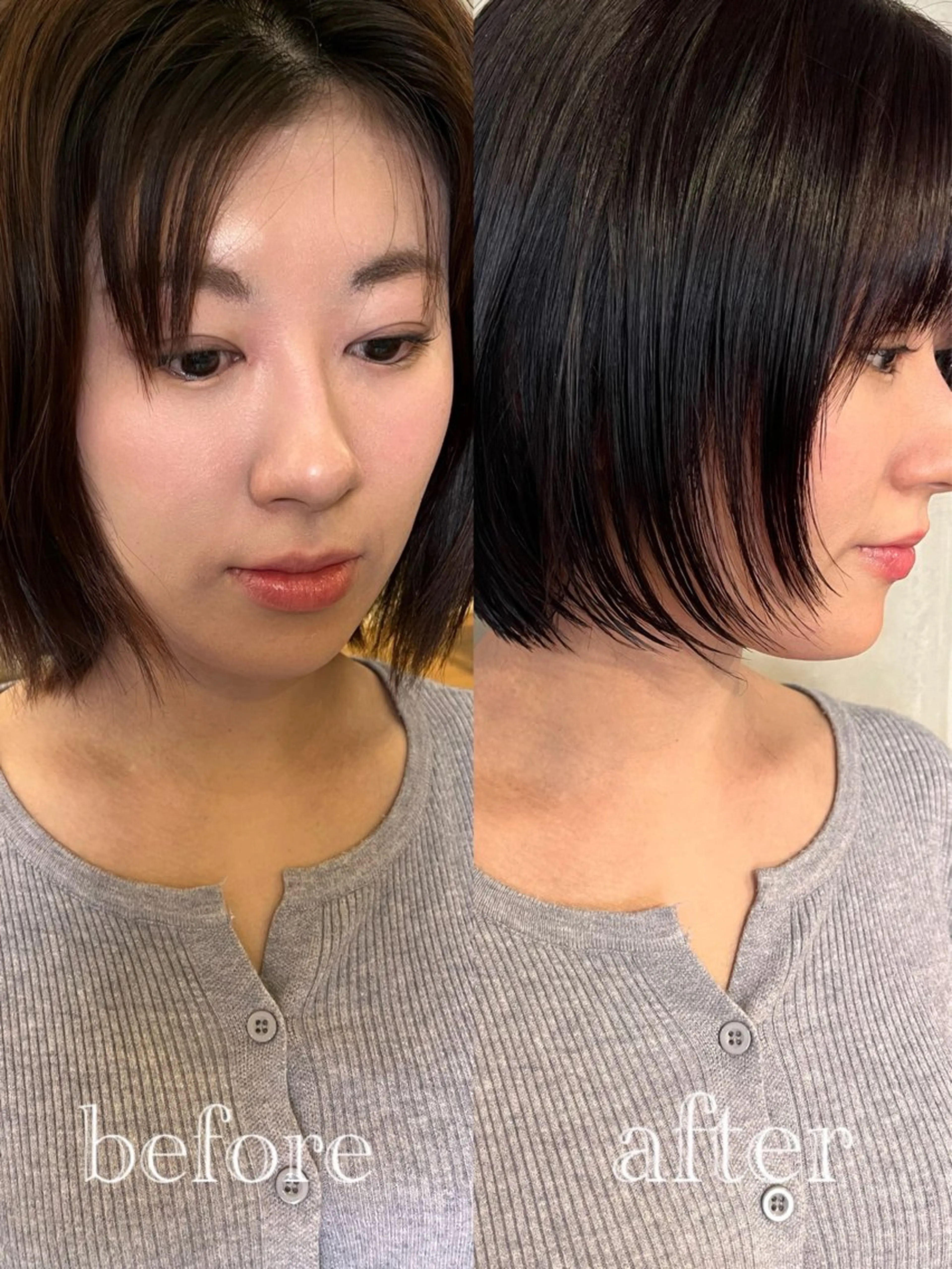 ショート カラー ボブ 顔まわりレイヤー レイヤーカット 似合わせカット 小顔カット カット ヘアカラー 薬院:今泉/上川美幸 ボブ/顔周りレイヤーのヘアスタイル