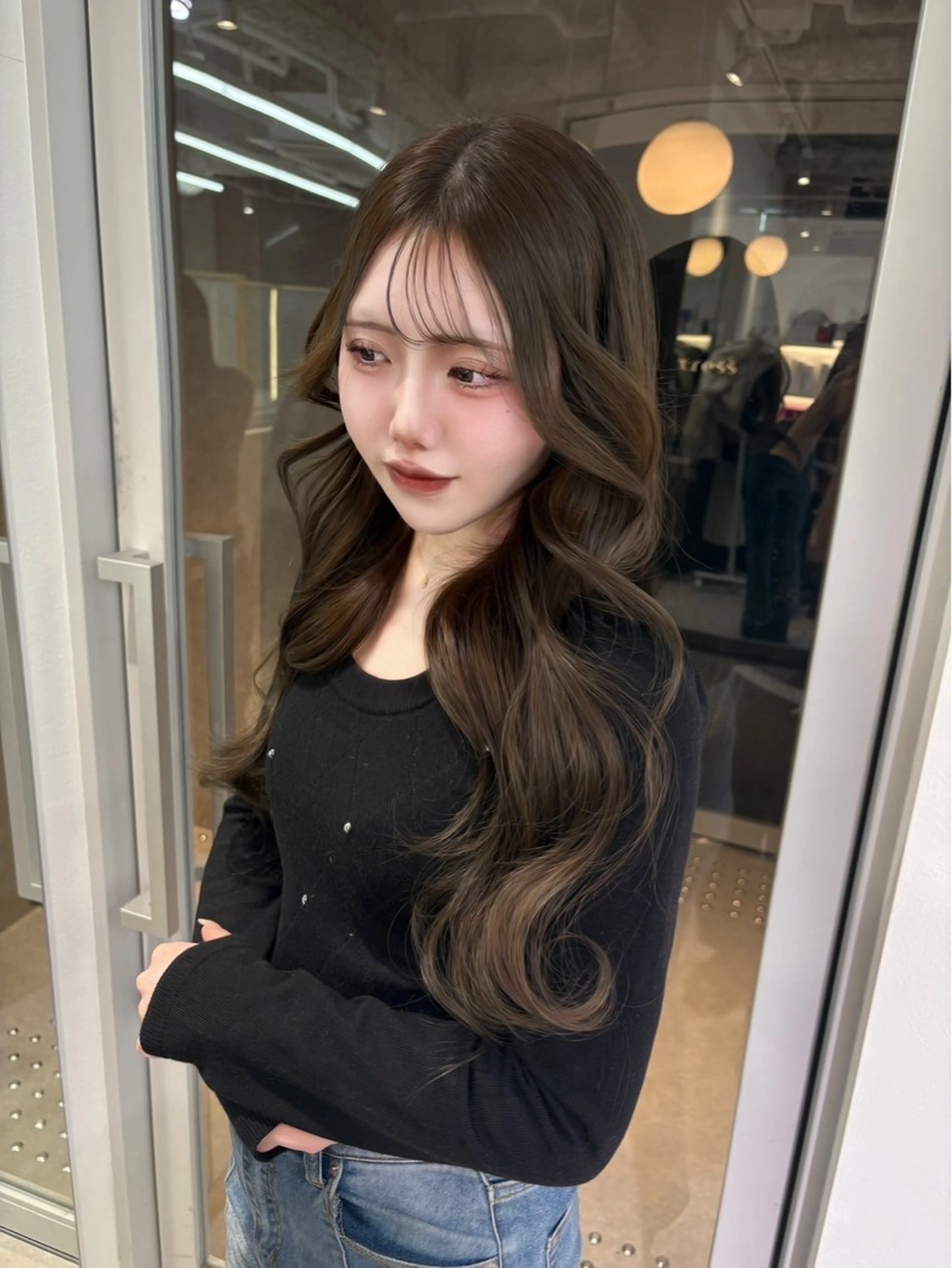 ロング カラー ベージュカラー オリーブベージュ トリートメント みゅう／韓国：網紅： トレンドヘアのヘアスタイル